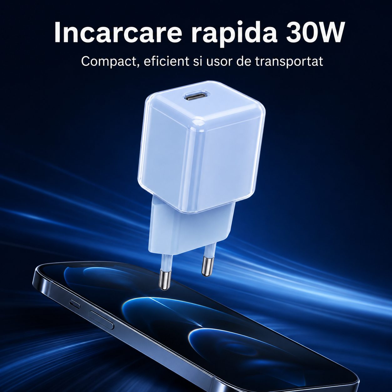 Incarcator Retea USB-C 30W Mini Ice Cube, , GaN Technology, Fast Charge, Carcasa Transparenta Bicolora, Standard European, Albastru 4