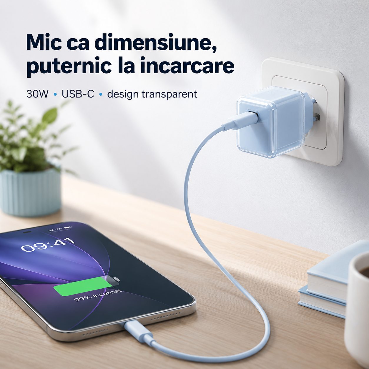 Incarcator Retea USB-C 30W Mini Ice Cube, , GaN Technology, Fast Charge, Carcasa Transparenta Bicolora, Standard European, Albastru 2