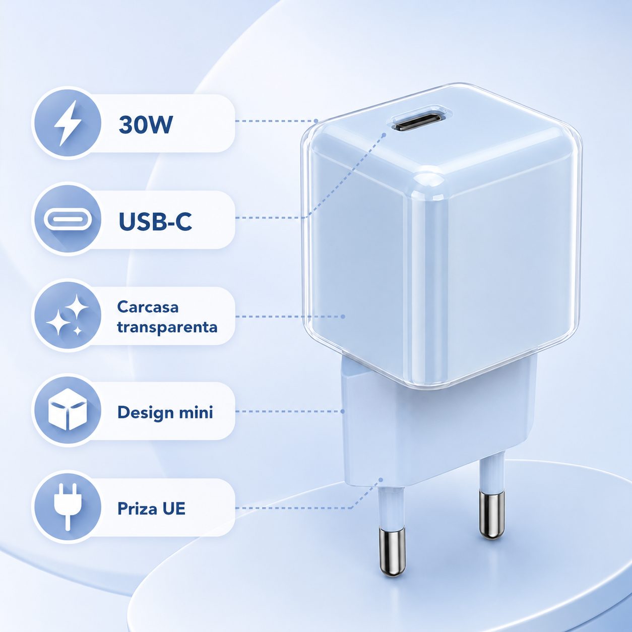 Incarcator Retea USB-C 30W Mini Ice Cube, , GaN Technology, Fast Charge, Carcasa Transparenta Bicolora, Standard European, Albastru 3