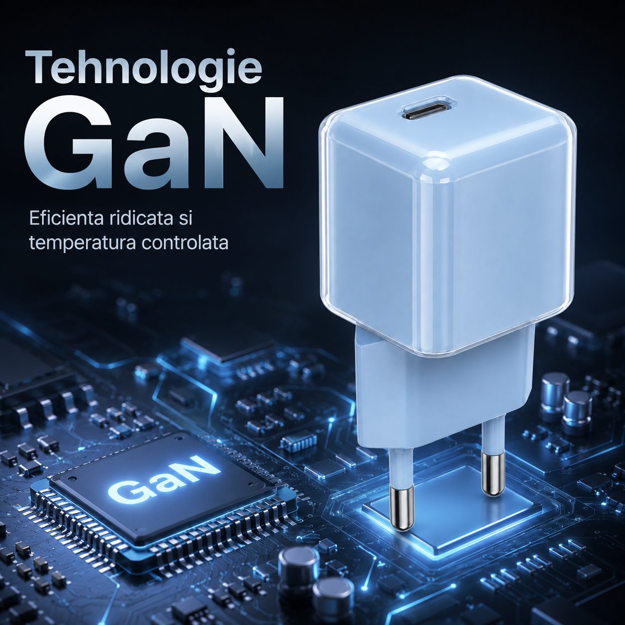 Incarcator Retea USB-C 30W Mini Ice Cube, , GaN Technology, Fast Charge, Carcasa Transparenta Bicolora, Standard European, Albastru 5