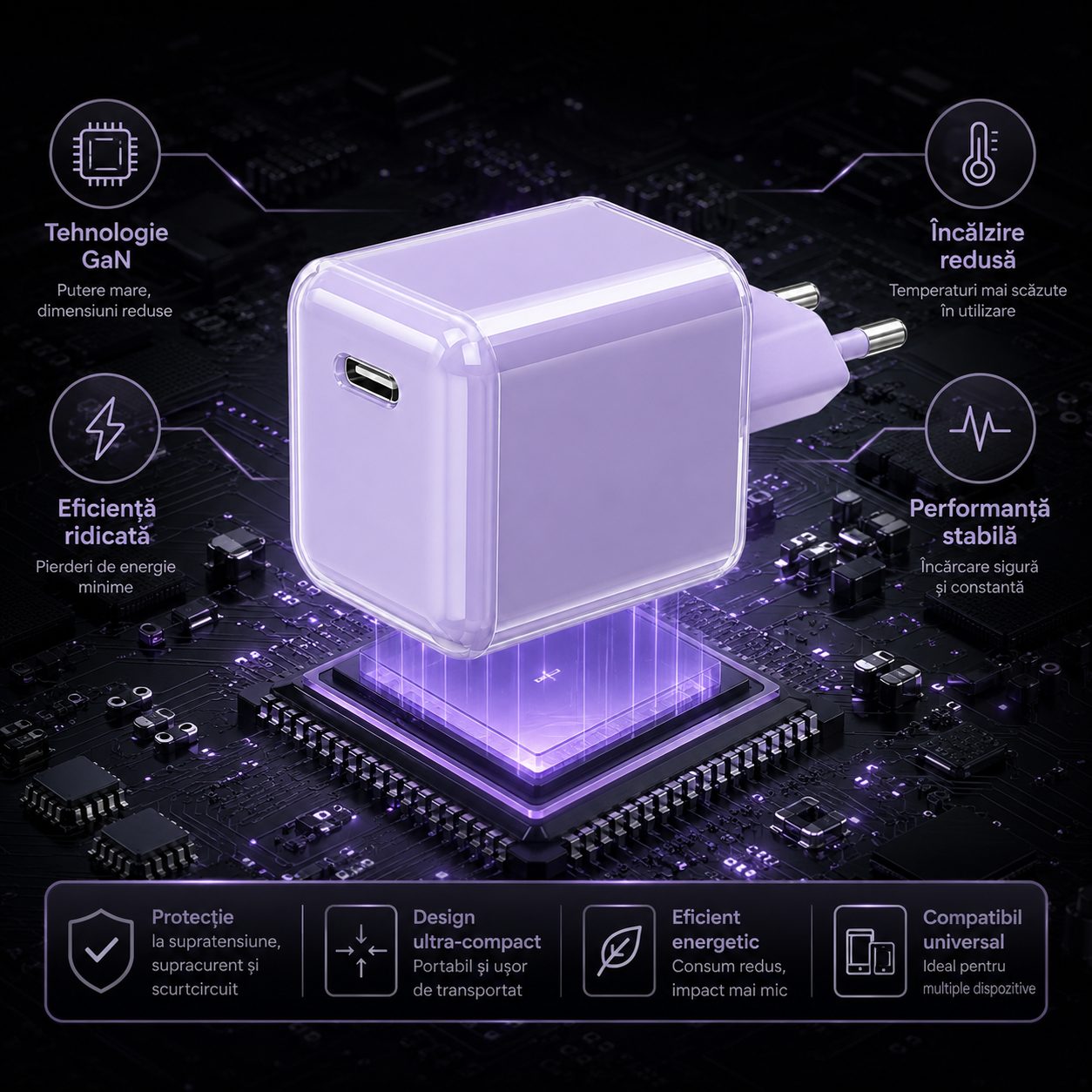 Incarcator Retea USB-C 30W Mini Ice Cube, , GaN Technology, Fast Charge, Carcasa Transparenta Bicolora, Standard European, Mov 4