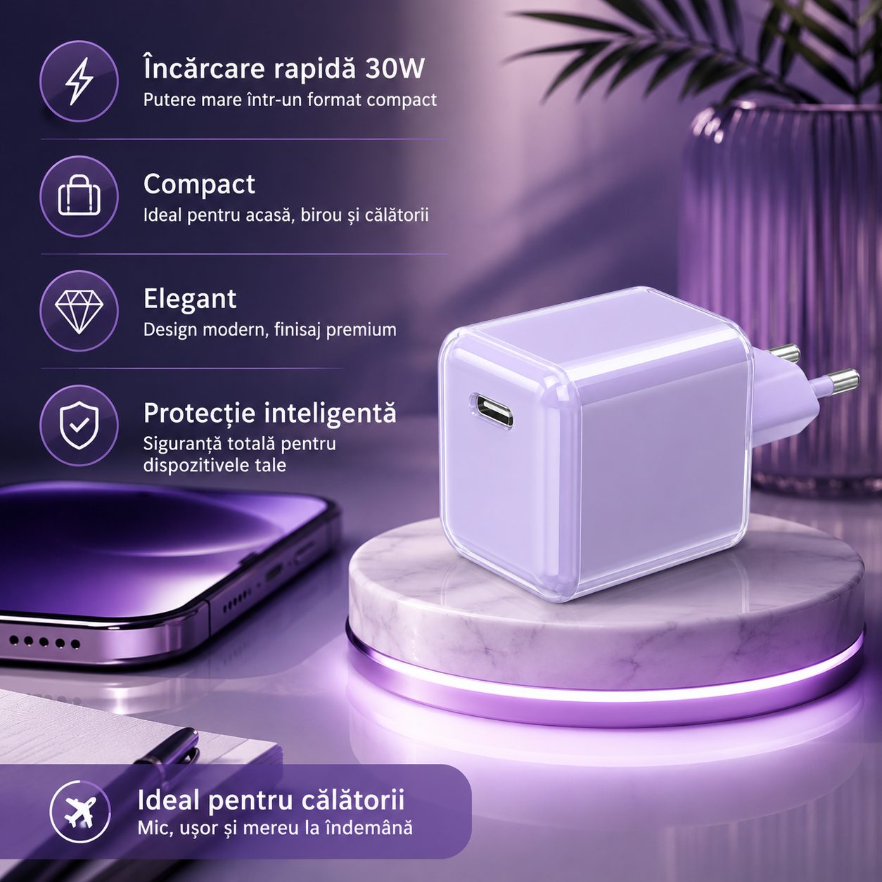 Incarcator Retea USB-C 30W Mini Ice Cube, , GaN Technology, Fast Charge, Carcasa Transparenta Bicolora, Standard European, Mov 3
