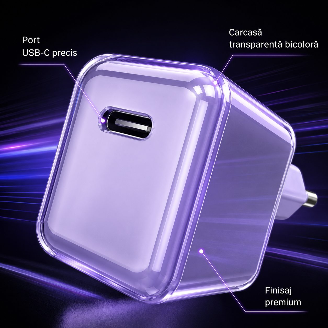 Incarcator Retea USB-C 30W Mini Ice Cube, , GaN Technology, Fast Charge, Carcasa Transparenta Bicolora, Standard European, Mov 5