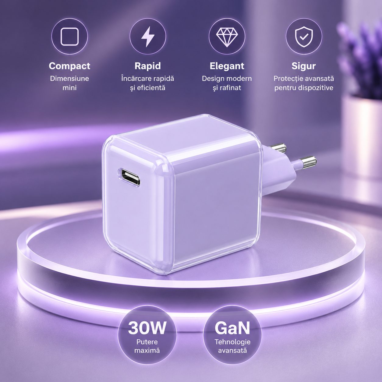 Incarcator Retea USB-C 30W Mini Ice Cube, , GaN Technology, Fast Charge, Carcasa Transparenta Bicolora, Standard European, Mov 2