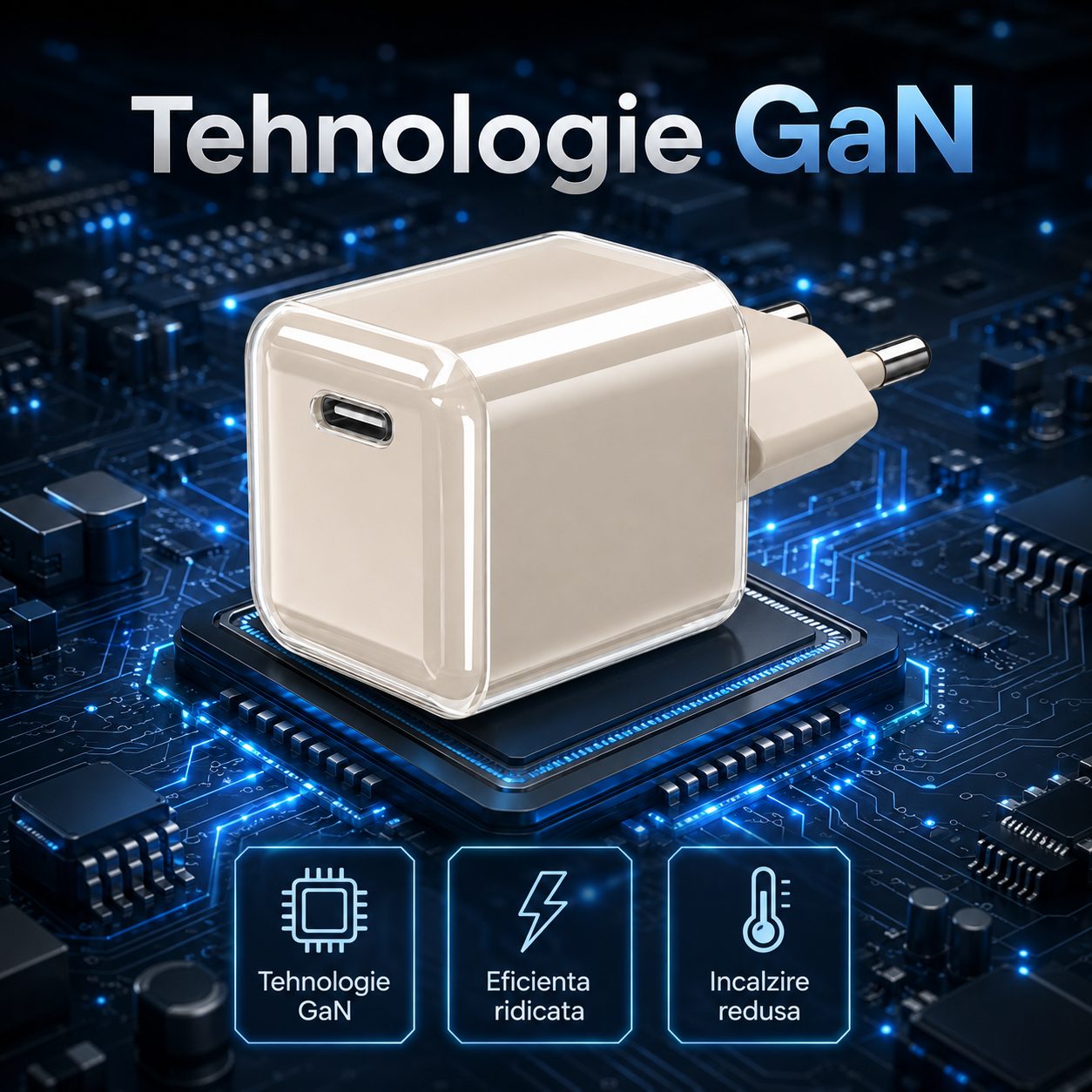 Incarcator Retea USB-C 30W Mini Ice Cube, , GaN Technology, Fast Charge, Carcasa Transparenta Bicolora, Standard European, Crem 3