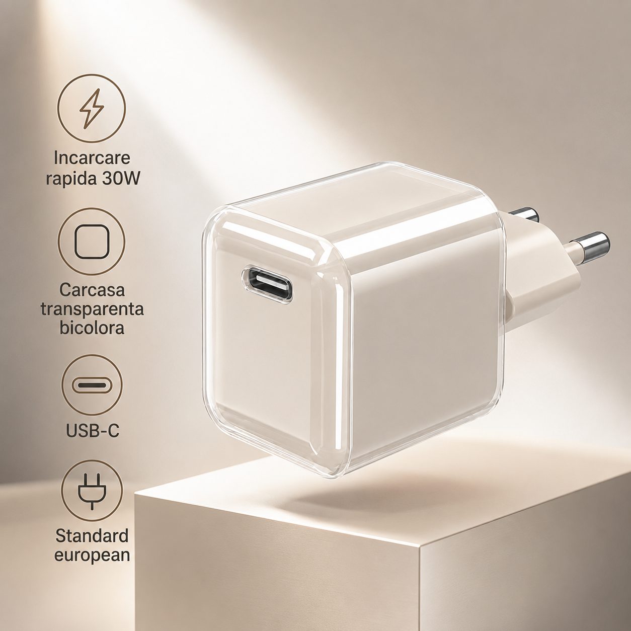 Incarcator Retea USB-C 30W Mini Ice Cube, , GaN Technology, Fast Charge, Carcasa Transparenta Bicolora, Standard European, Crem 2