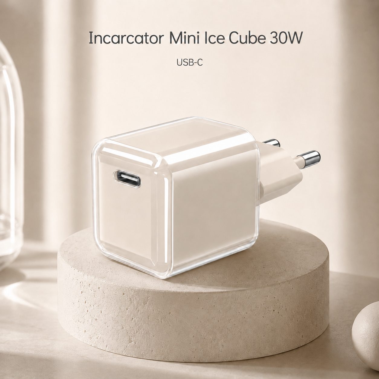 Incarcator Retea USB-C 30W Mini Ice Cube, , GaN Technology, Fast Charge, Carcasa Transparenta Bicolora, Standard European, Crem 5