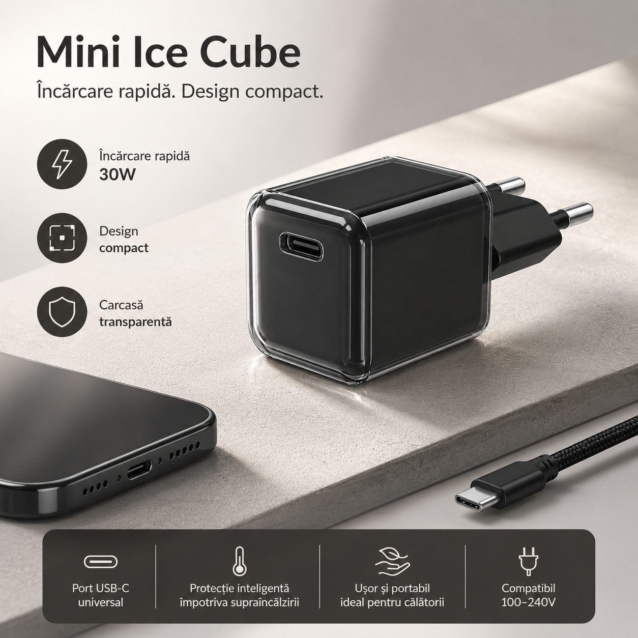 Incarcator Retea USB-C 30W Mini Ice Cube, , GaN Technology, Fast Charge, Carcasa Transparenta Bicolora, Standard European, Negru 4