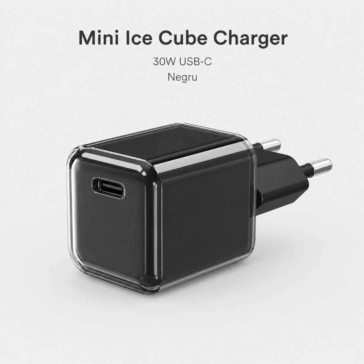 Incarcator Retea USB-C 30W Mini Ice Cube, , GaN Technology, Fast Charge, Carcasa Transparenta Bicolora, Standard European, Negru 3