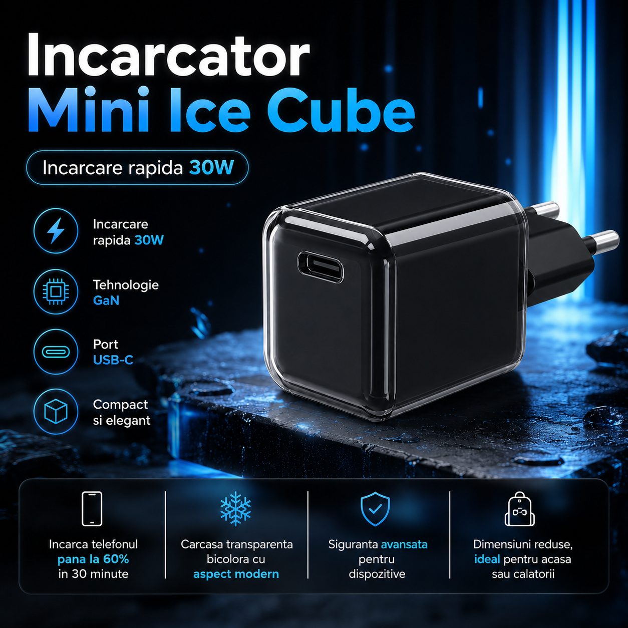Incarcator Retea USB-C 30W Mini Ice Cube, , GaN Technology, Fast Charge, Carcasa Transparenta Bicolora, Standard European, Negru 5