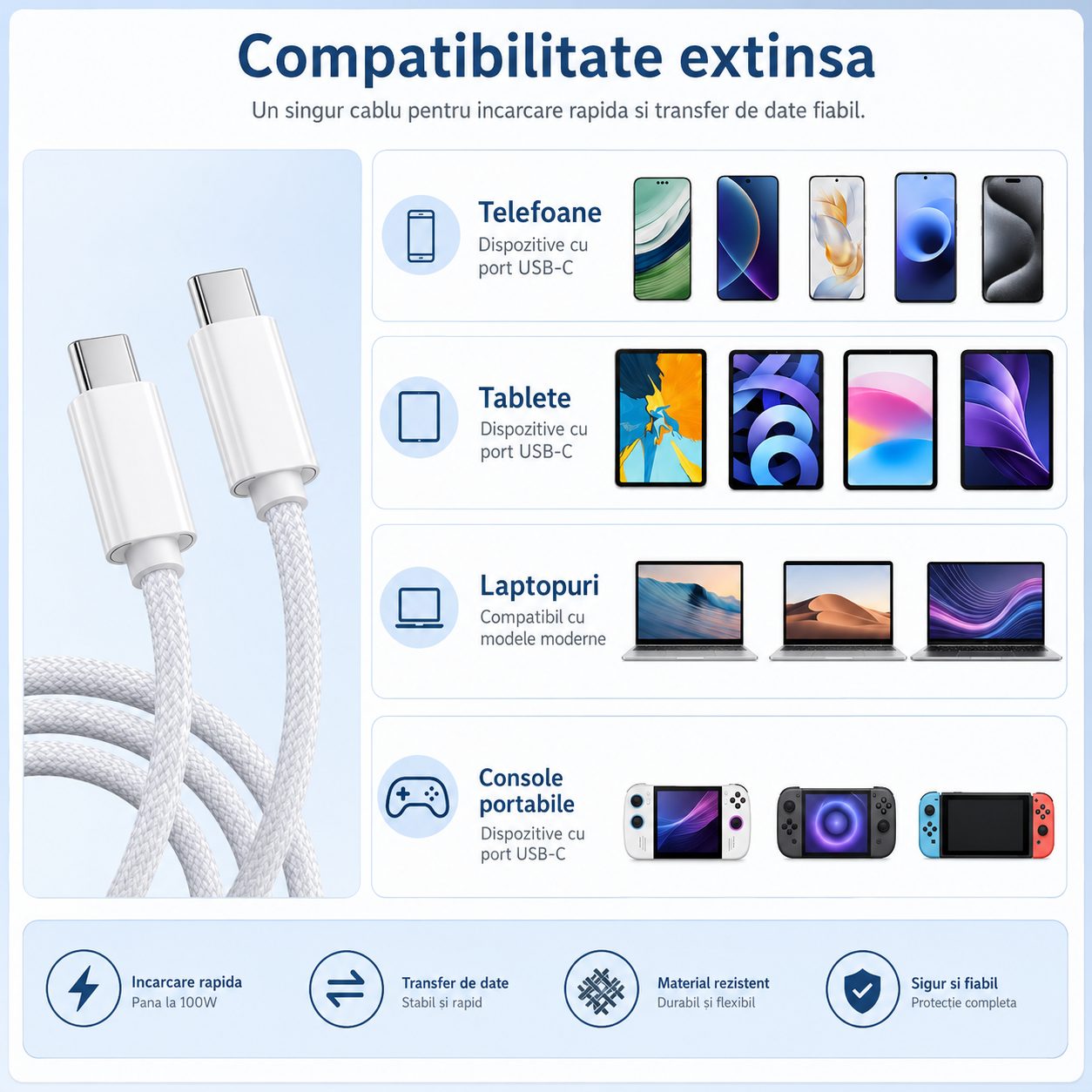 Cablu de Date si Incarcare USB-C la USB-C, , 240W, Compatibil iPhone 15, Huawei, Xiaomi, Textil Impletit, 2 m 2