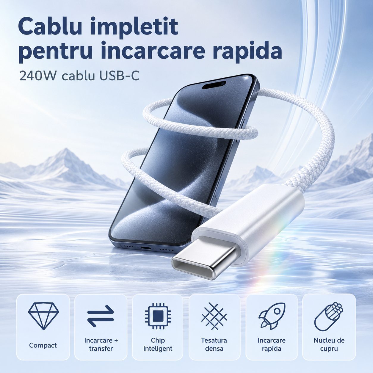 Cablu de Date si Incarcare USB-C la USB-C, , 100W, Compatibil iPhone 15/Huawei/Xiaomi, Textil Impletit, 1.5 m, Alb 4
