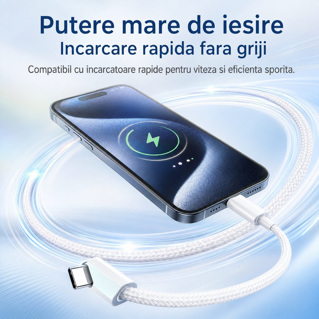 Cablu de Date si Incarcare USB-C la USB-C, , 100W, Compatibil iPhone 15/Huawei/Xiaomi, Textil Impletit, 1.5 m, Alb 3
