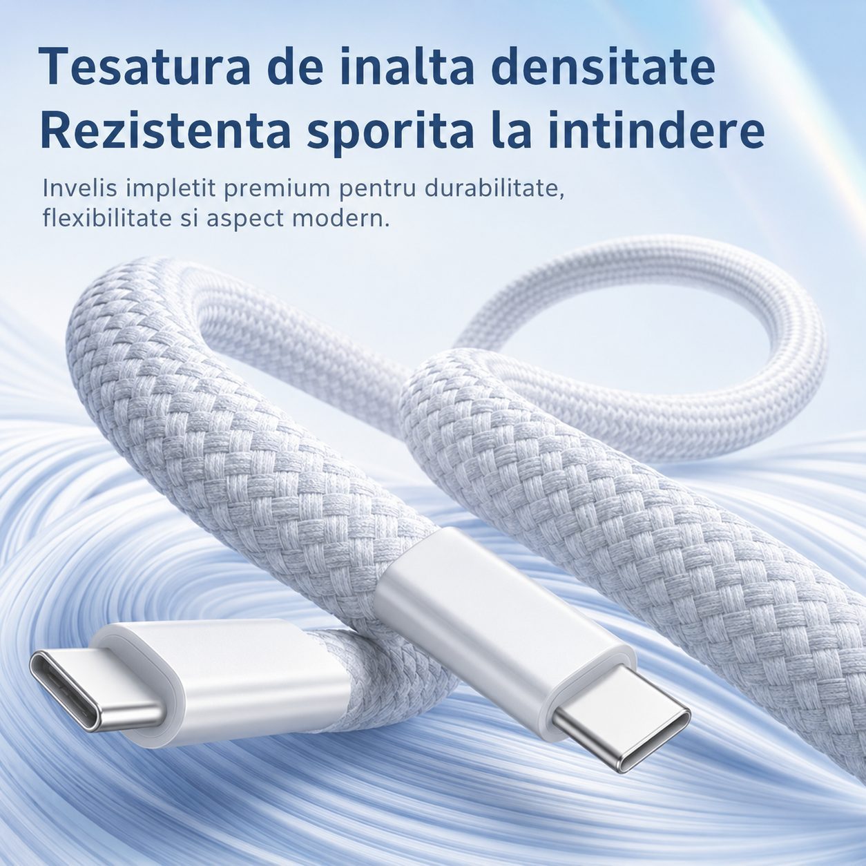Cablu de Date si Incarcare USB-C la USB-C, , 100W, Compatibil iPhone 15/Huawei/Xiaomi, Textil Impletit, 1.5 m, Alb 2