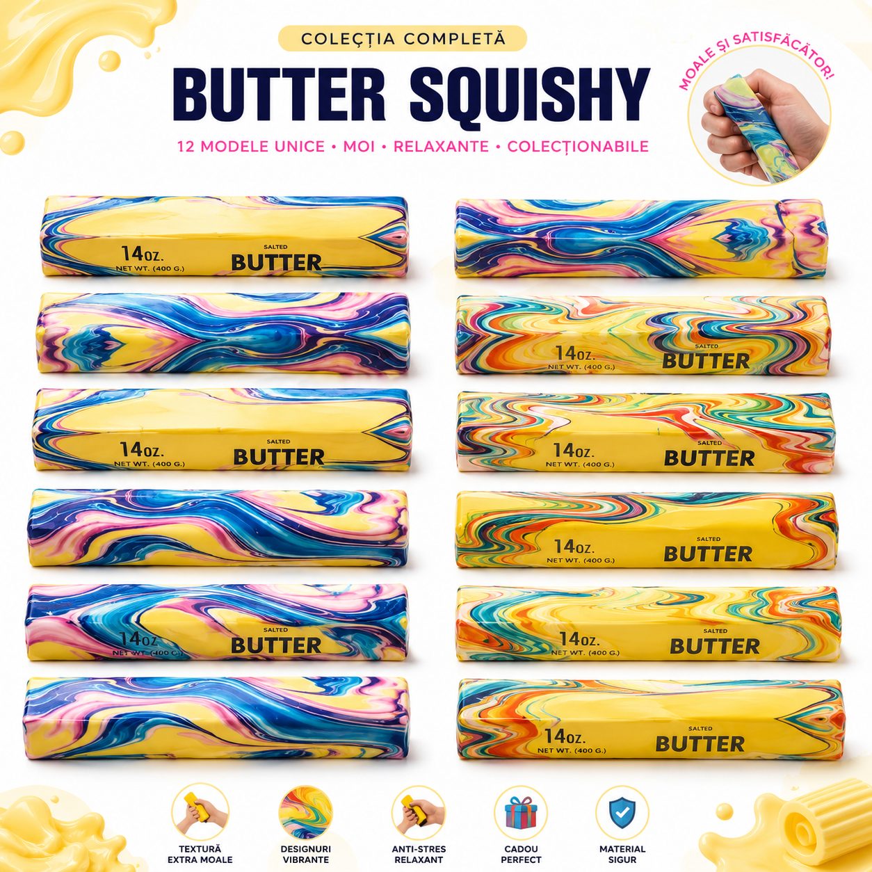 Jucărie Squishy Needoh Antistres în Formă de Unt, , Slow Rising, Textură Moale și Elastică, 14 cm, Multicolor 2