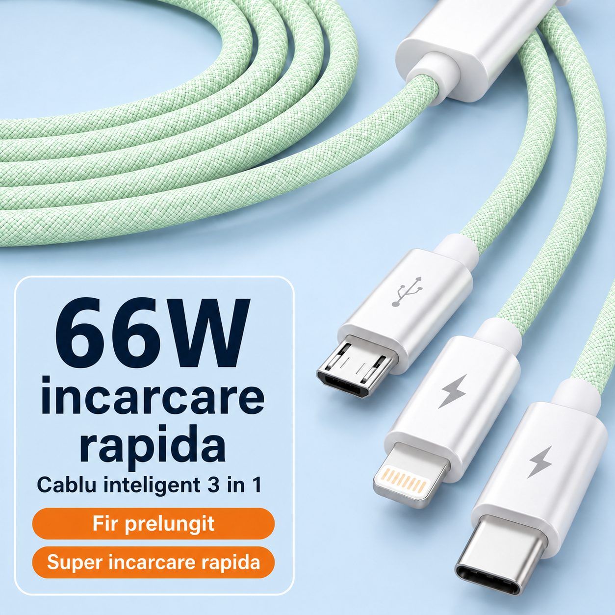 Cablu Incarcare Rapida 3 in 1, , 66W, 6A, Conectori Lightning, Type-C, Micro USB, Textil Impletit, 1.2 m, Verde 4