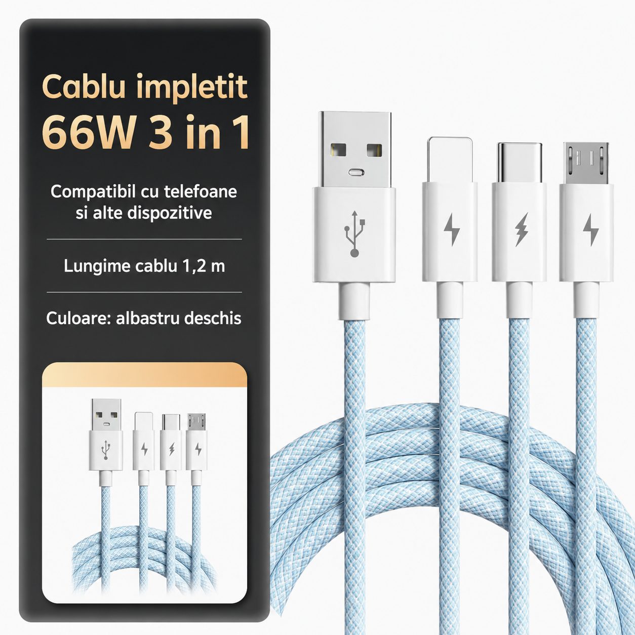 Cablu Incarcare Rapida 3 in 1, , 66W, 6A, Conectori Lightning, Type-C, Micro USB, Textil Impletit, 1.2 m, Albastru 4