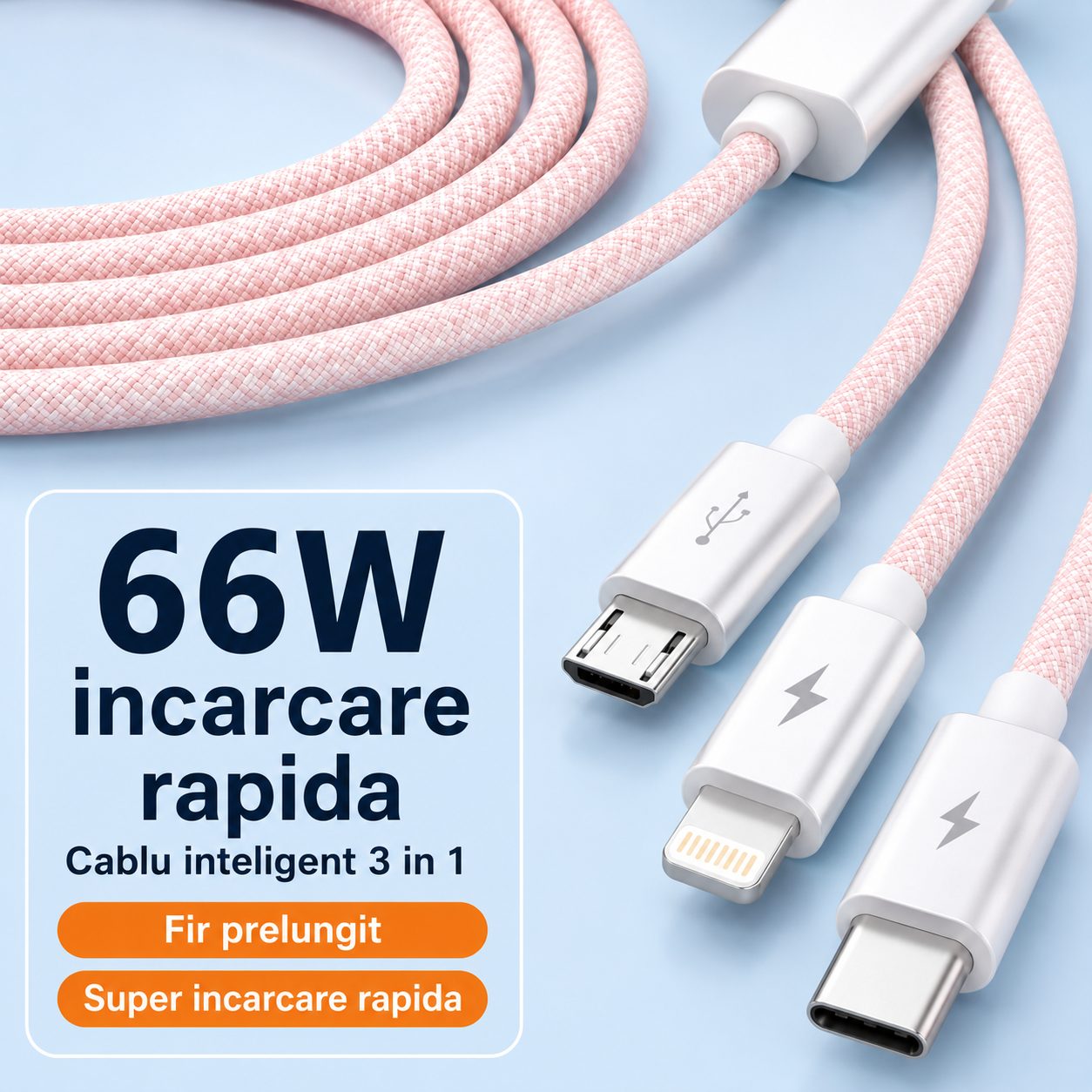 Cablu Incarcare Rapida 3 in 1, , 66W, 6A, Conectori Lightning, Type-C, Micro USB, Textil Impletit, 1.2 m, Roz 4
