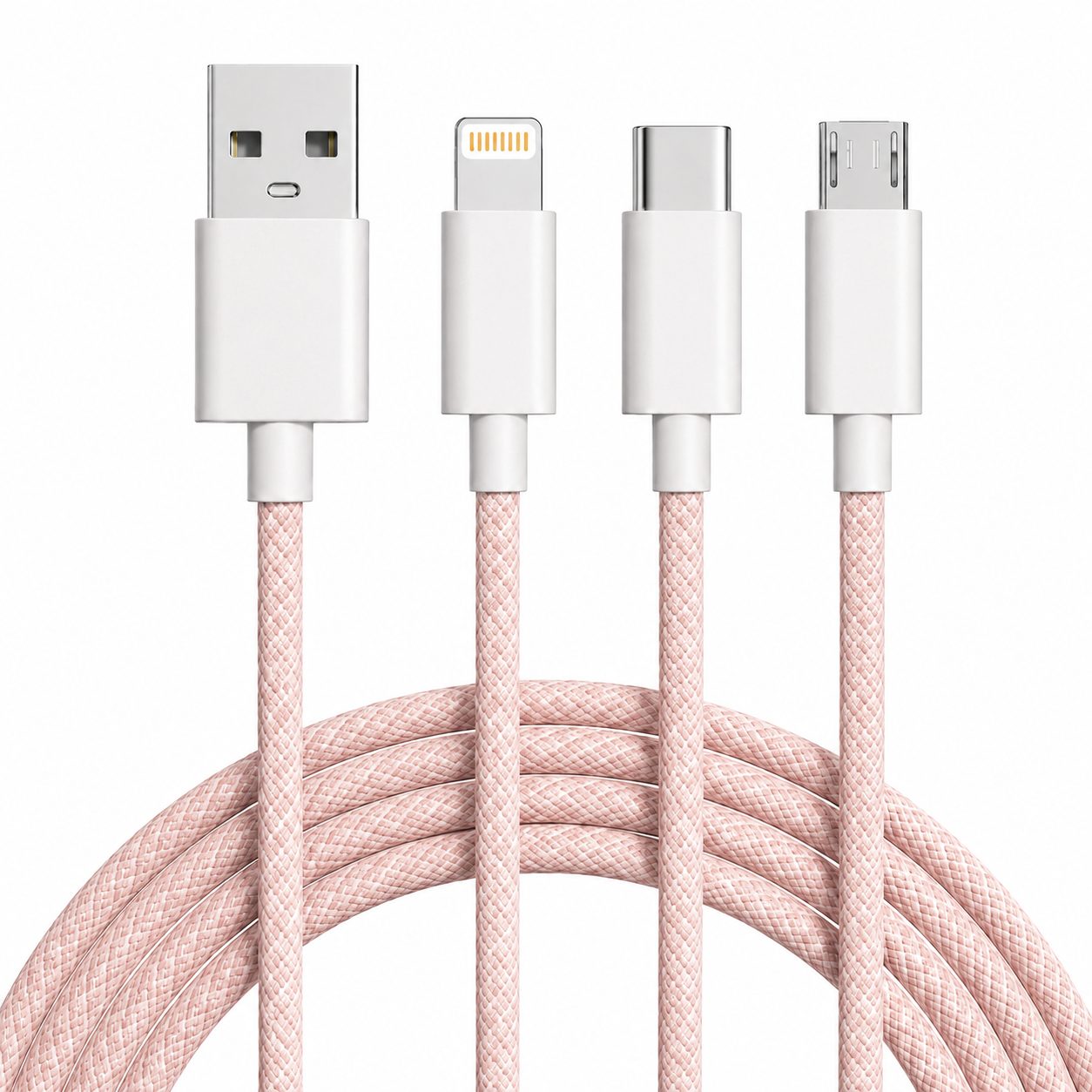 Cablu Incarcare Rapida 3 in 1, , 66W, 6A, Conectori Lightning, Type-C, Micro USB, Textil Impletit, 1.2 m, Roz
