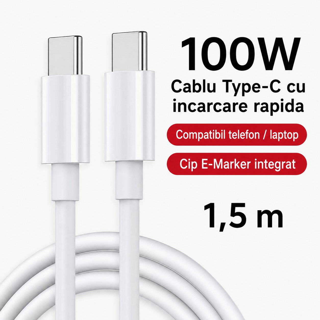 Cablu de Date si Incarcare USB-C la USB-C, , 100W, 5A, Fast Charge, Compatibil Telefon si Laptop, 1.5 m, Alb 2