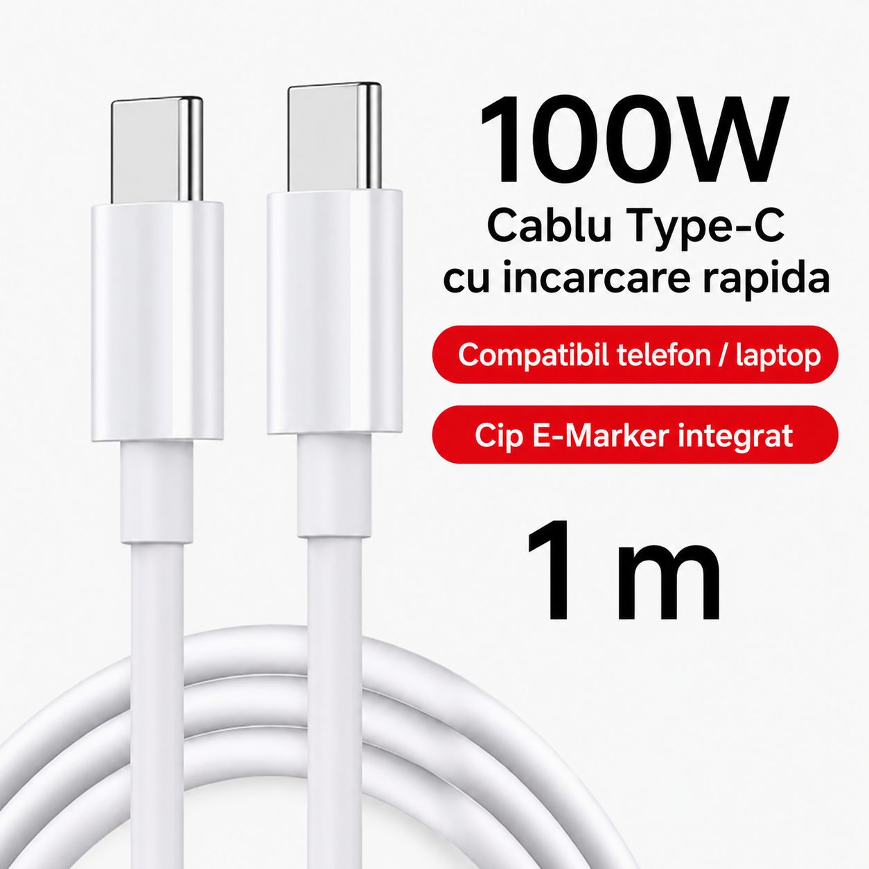 Cablu de Date si Incarcare USB-C la USB-C, , 100W, 5A, Fast Charge, Compatibil Telefon si Laptop, 1 m, Alb 2