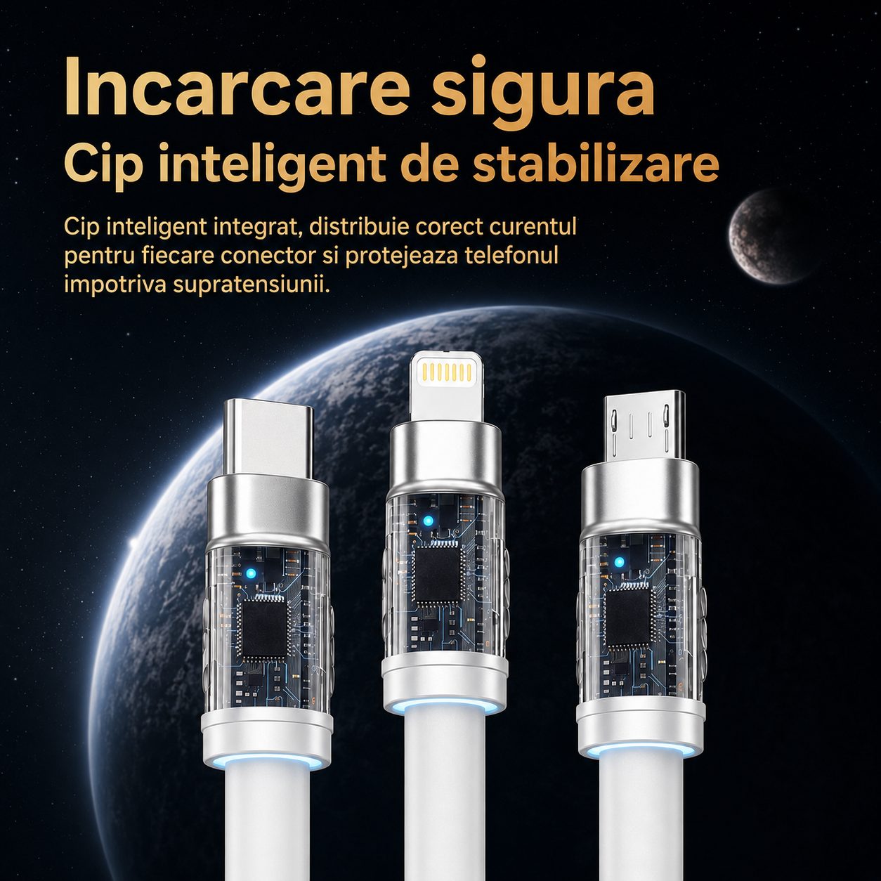 Cablu de Incarcare si Date 3 in 1, , Fast Charging, 120W, Compatibil Type-C, Utilizare Simultana pentru 3 Dispozitive, 1.2 m, Alb 2