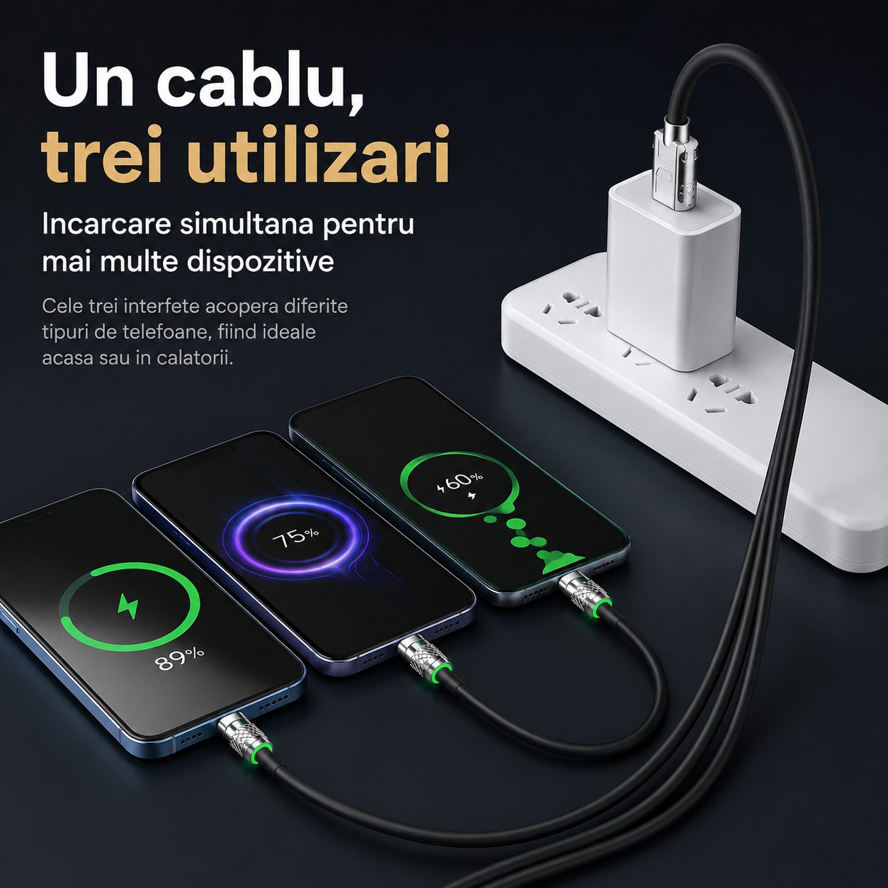 Cablu de Incarcare si Date 3 in 1, , Fast Charging, 120W, Compatibil Type-C, Utilizare Simultana pentru 3 Dispozitive, 1.2 m, Negru 3