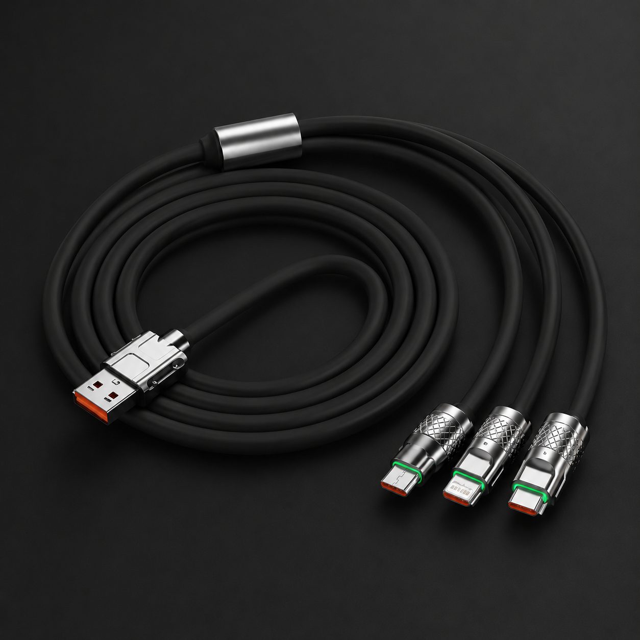 Cablu Super Fast Charging 3 in 1 Geek, Flippy, 120W, Compatibil Type-C, Utilizare Simultana pentru 3 Dispozitive, 1.2 m, Negru