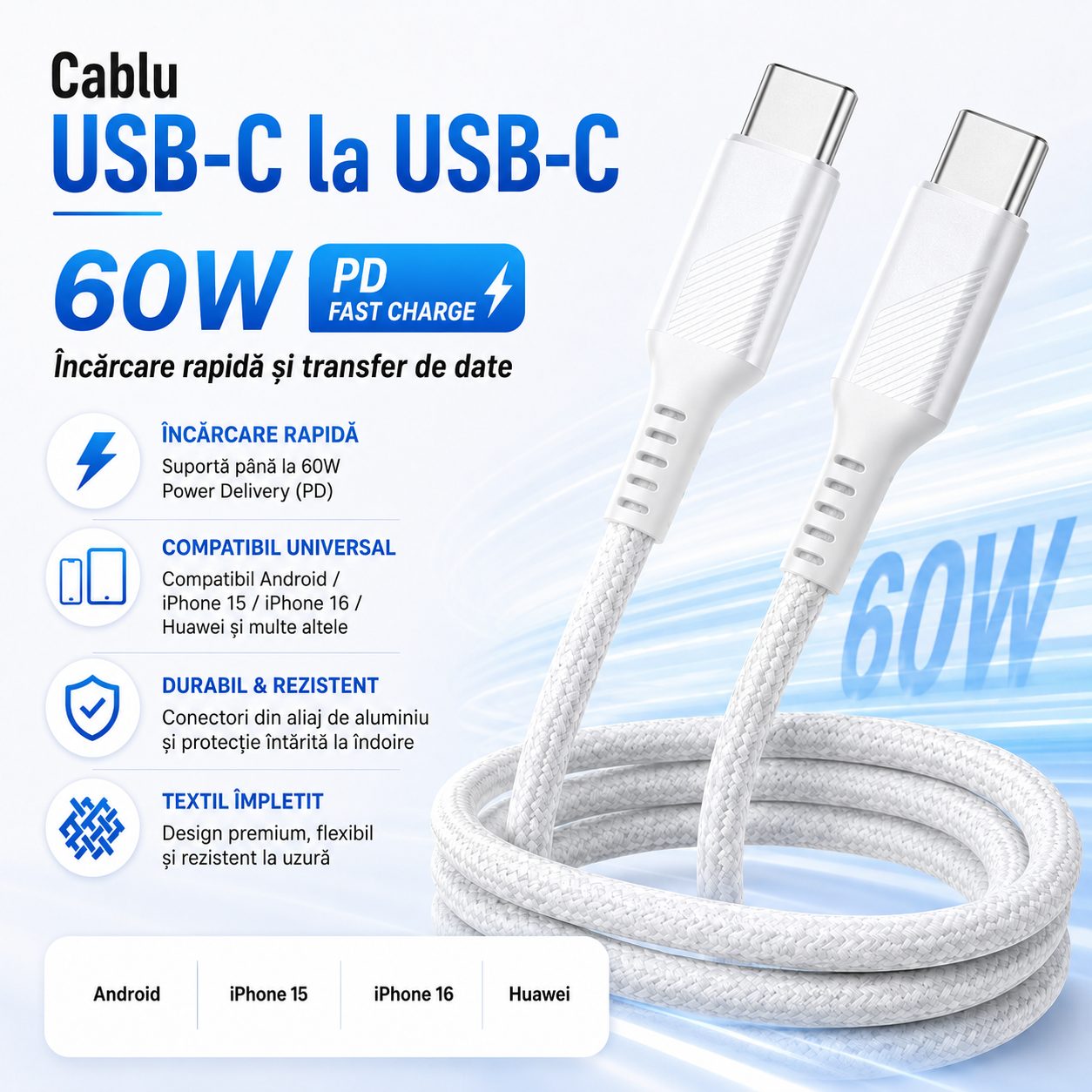 Cablu de Date si Incarcare USB-C la USB-C, , 60W, PD Fast Charge, Compatibil Android/iPhone 15/16/Huawei, Textil Impletit, 2 m, Alb 2