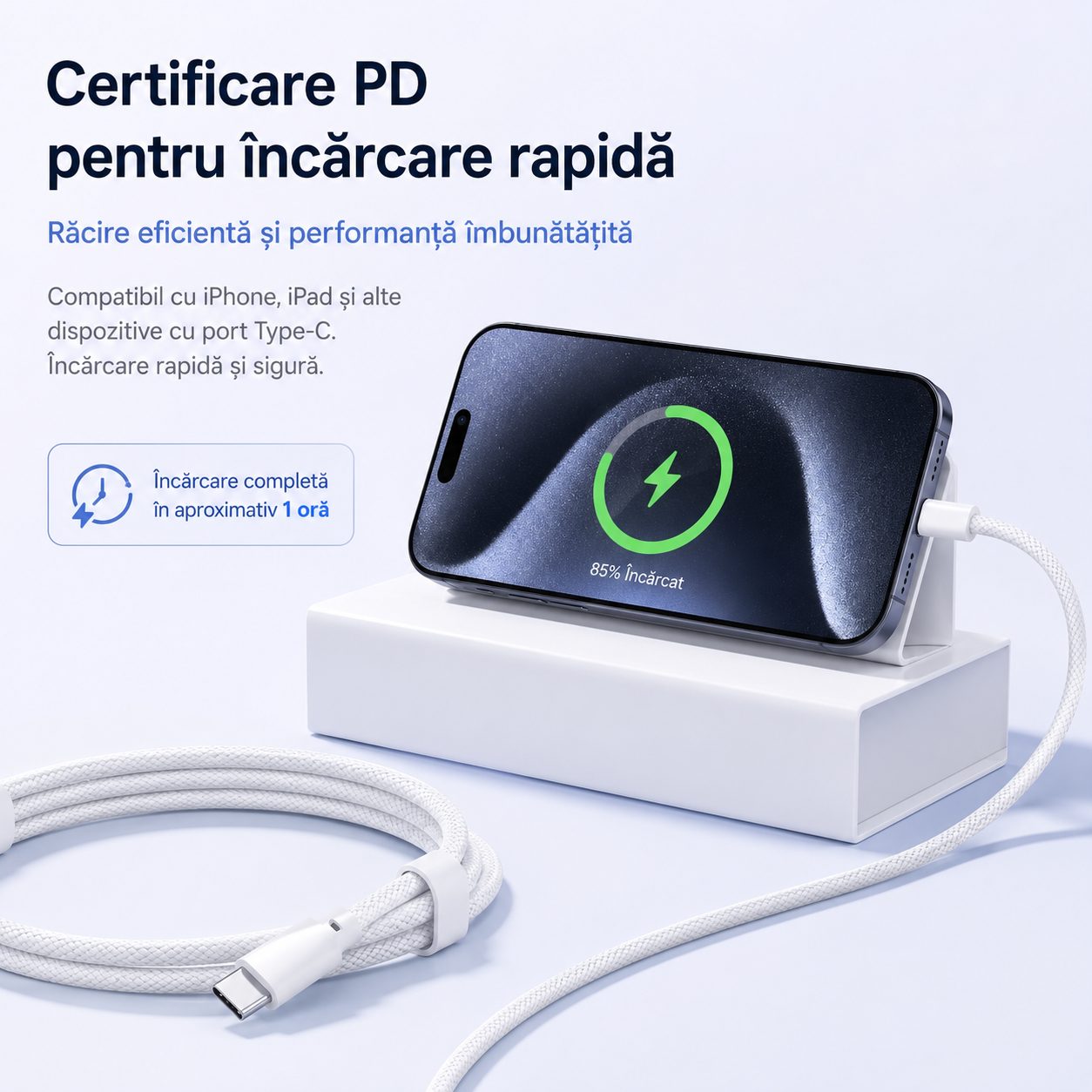 Cablu de Date si Incarcare USB-C la USB-C, , 60W, PD Fast Charge, Compatibil Android/iPhone 15/16/Huawei, Textil Impletit, 2 m, Alb 3
