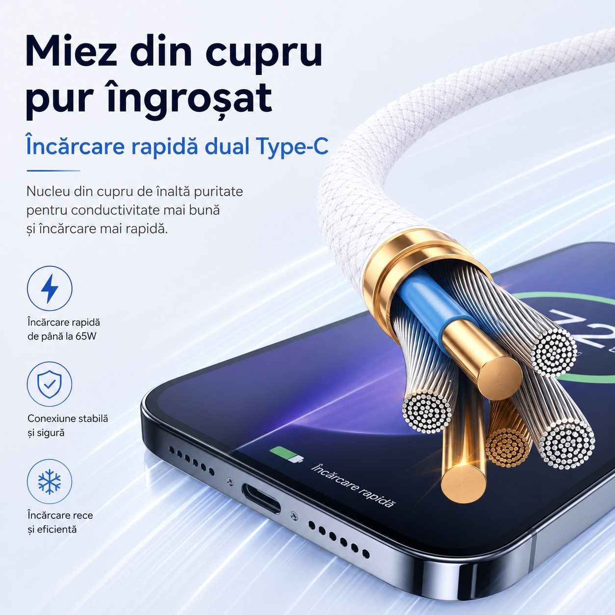 Cablu de Date si Incarcare USB-C la USB-C, , 60W, PD Fast Charge, Compatibil Android/iPhone 15/16/Huawei, Textil Impletit, 1 m, Alb 4