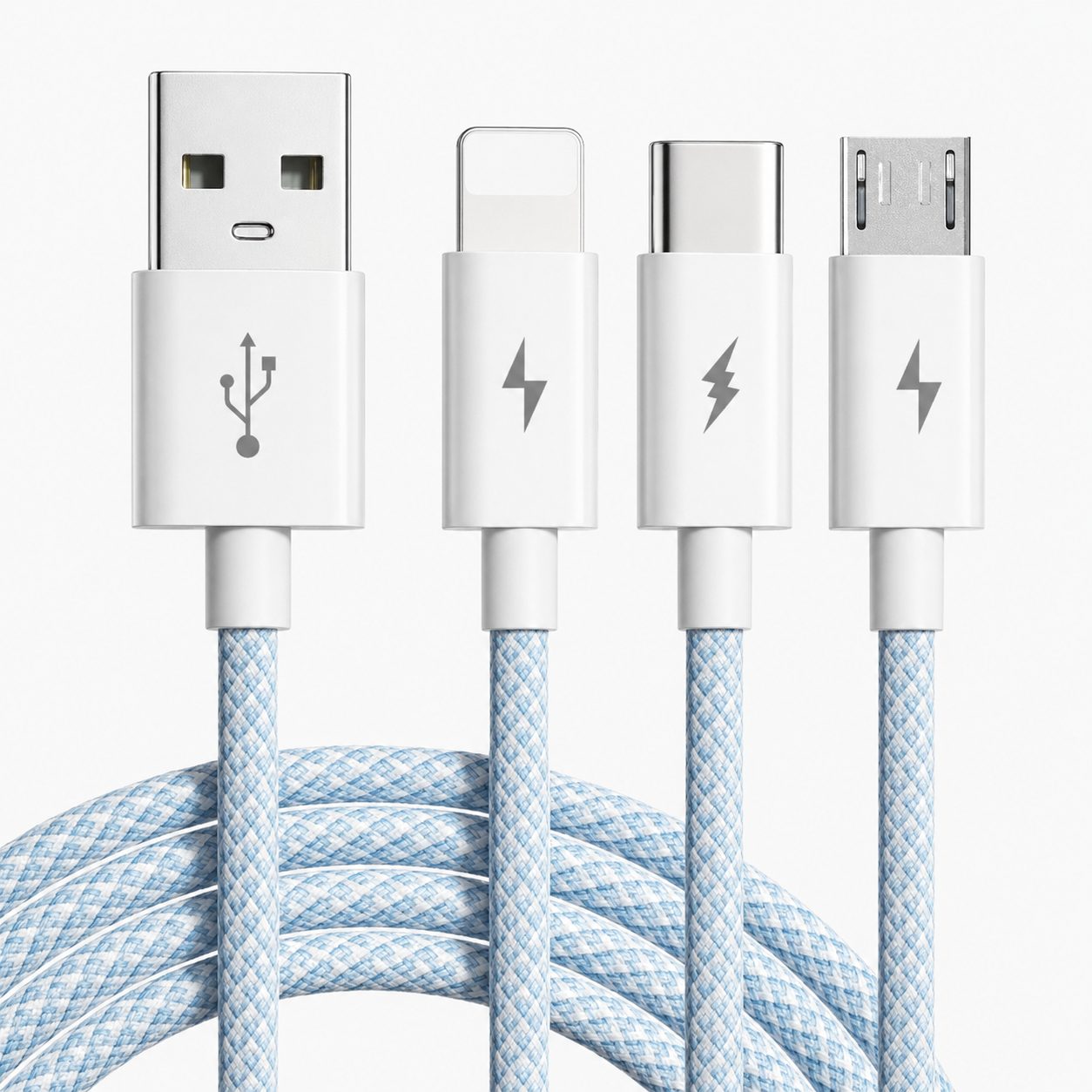 Cablu USB 3 in 1, , 100W, Compatibil Android si iPhone, Incarcare si Transfer Date, Textil Impletit, Albastru