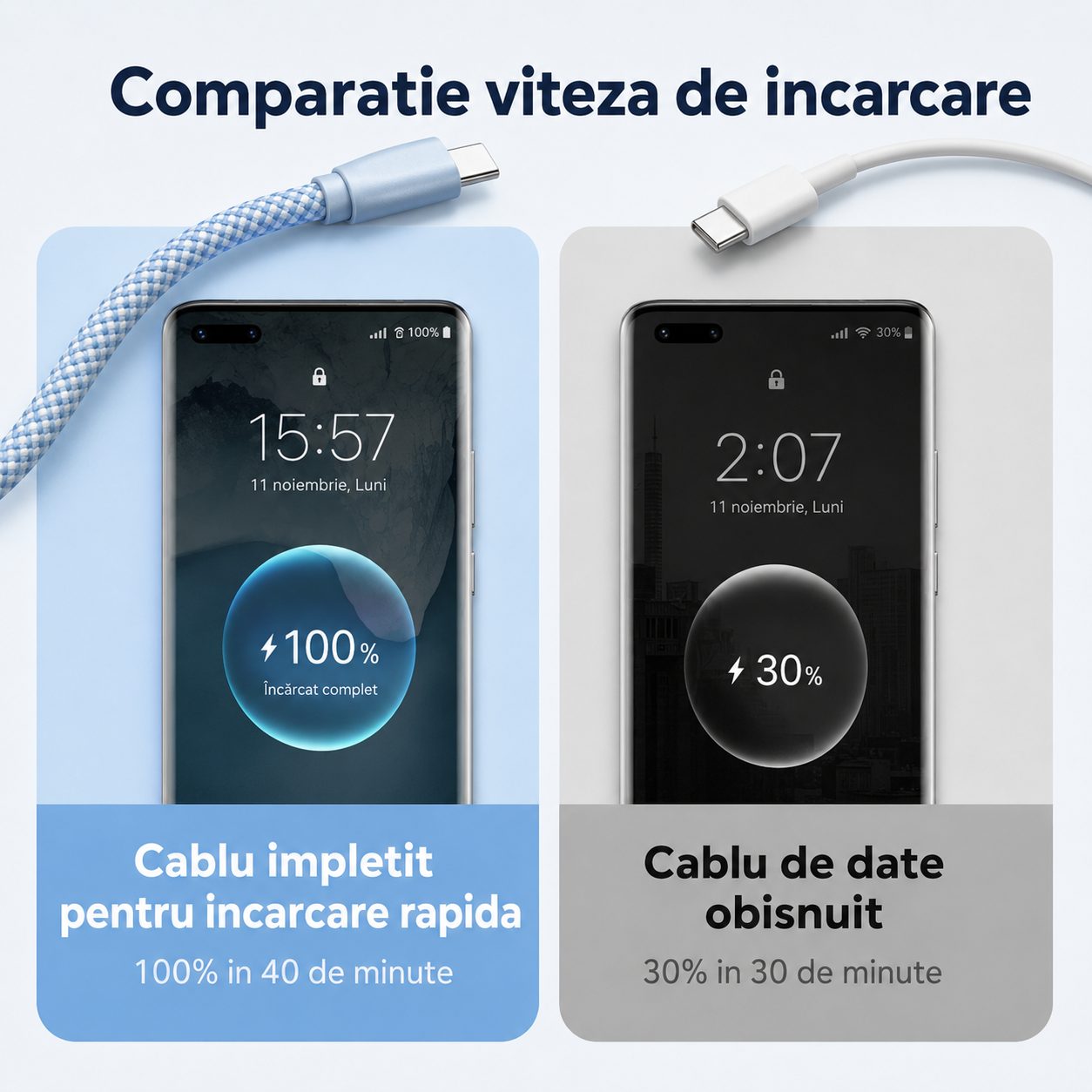 Cablu USB 3 in 1, , 100W, Compatibil Android si iPhone, Incarcare si Transfer Date, Textil Impletit, Albastru 5