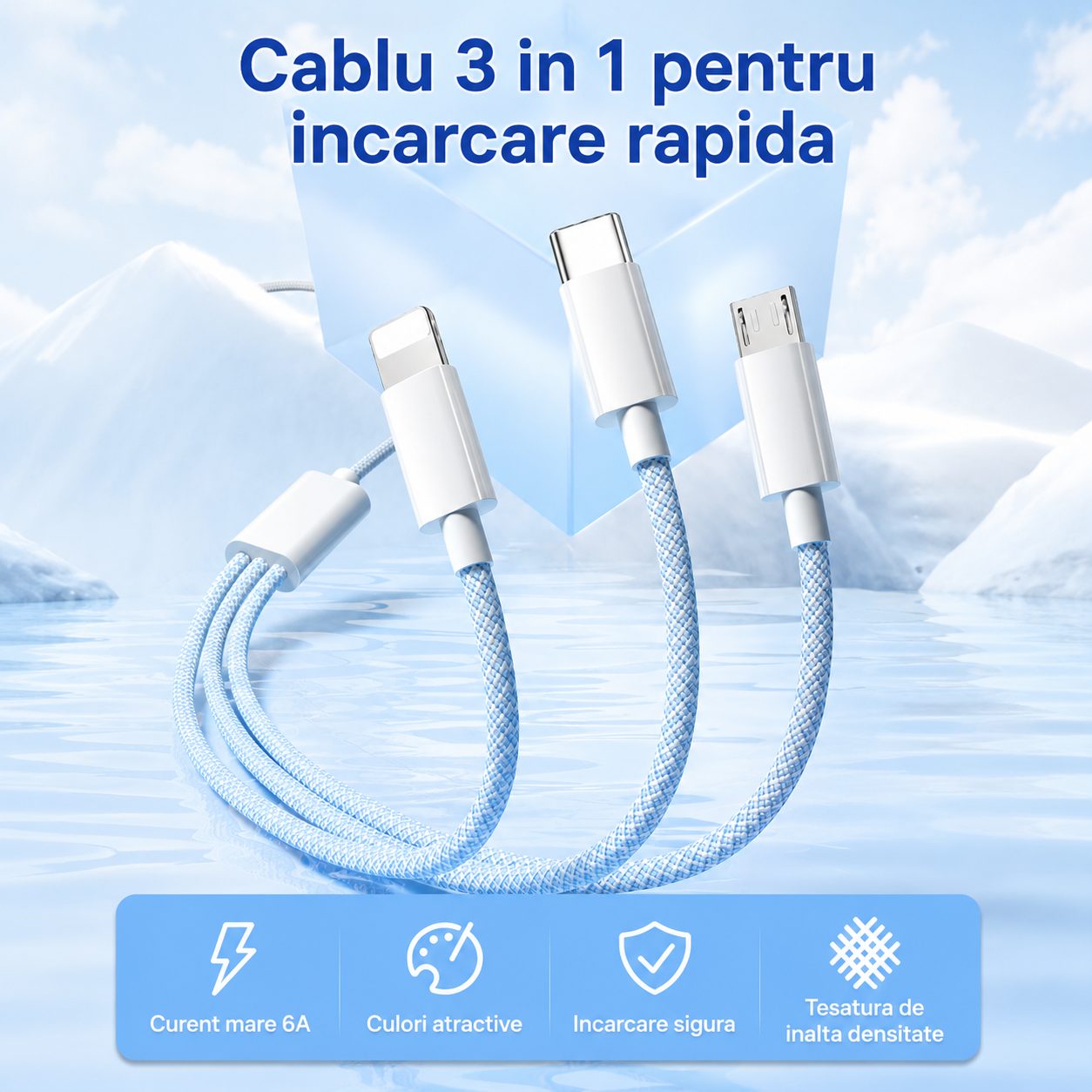 Cablu USB 3 in 1, , 100W, Compatibil Android si iPhone, Incarcare si Transfer Date, Textil Impletit, Albastru 2
