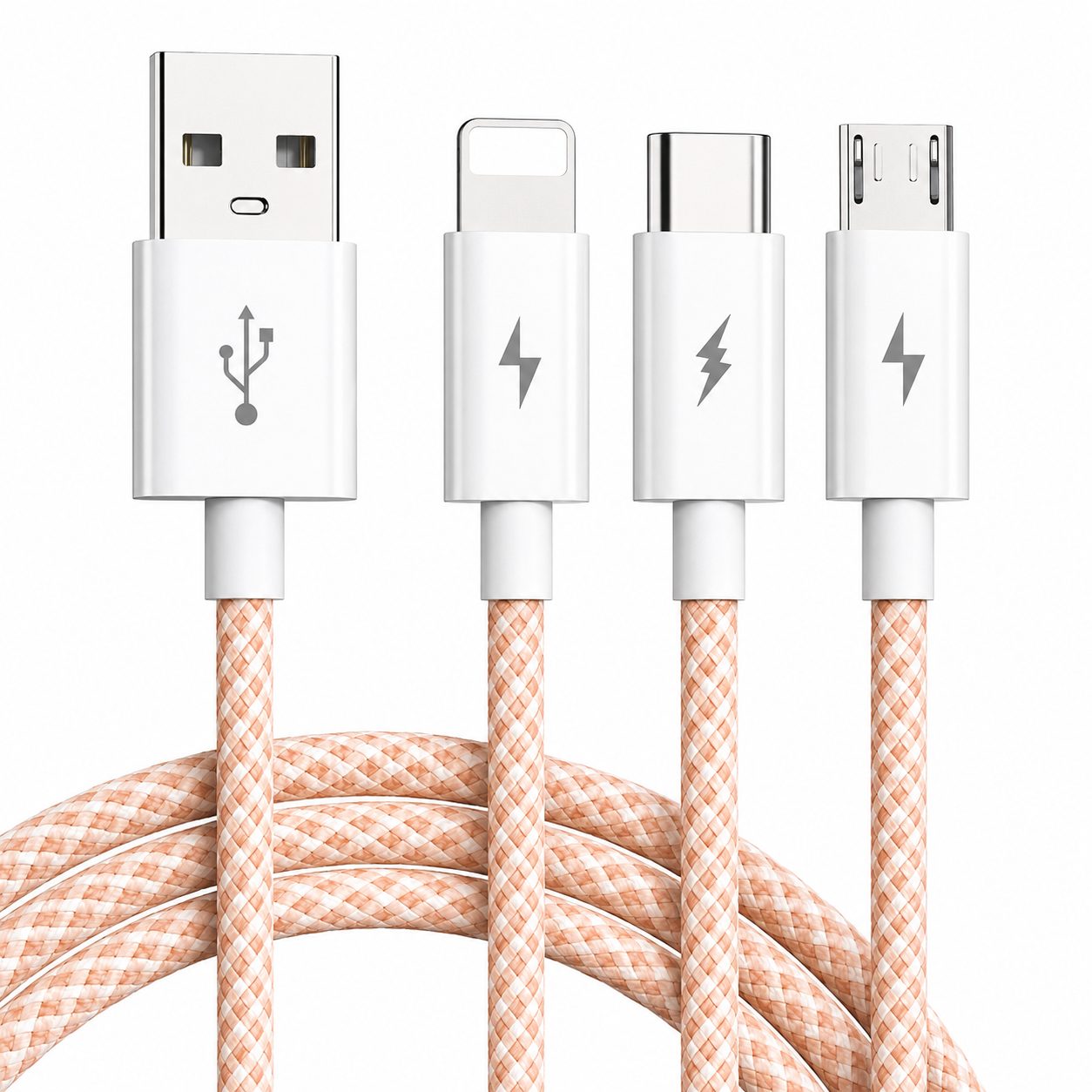Cablu USB 3 in 1, , 100W, Compatibil Android si iPhone, Incarcare si Transfer Date, Textil Impletit, Roz