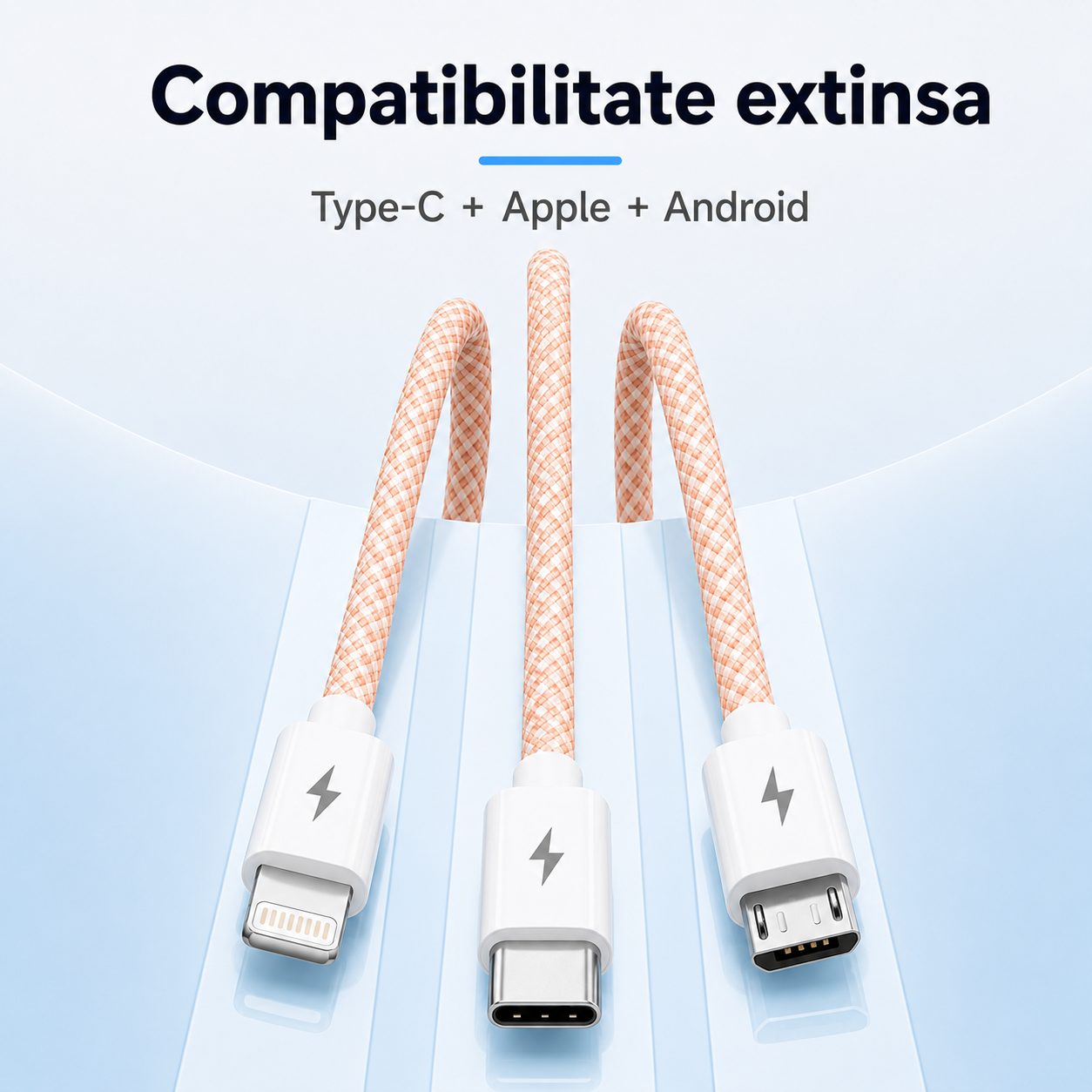 Cablu USB 3 in 1, , 100W, Compatibil Android si iPhone, Incarcare si Transfer Date, Textil Impletit, Roz 2