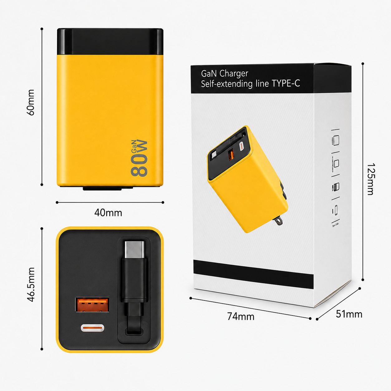 Incarcator Telefon, , 80W, GaN Technology, Dual Port USB-A si USB-C, Fast Charge, Cablu Type-C Retractabil, 60x40 mm, Galben 2