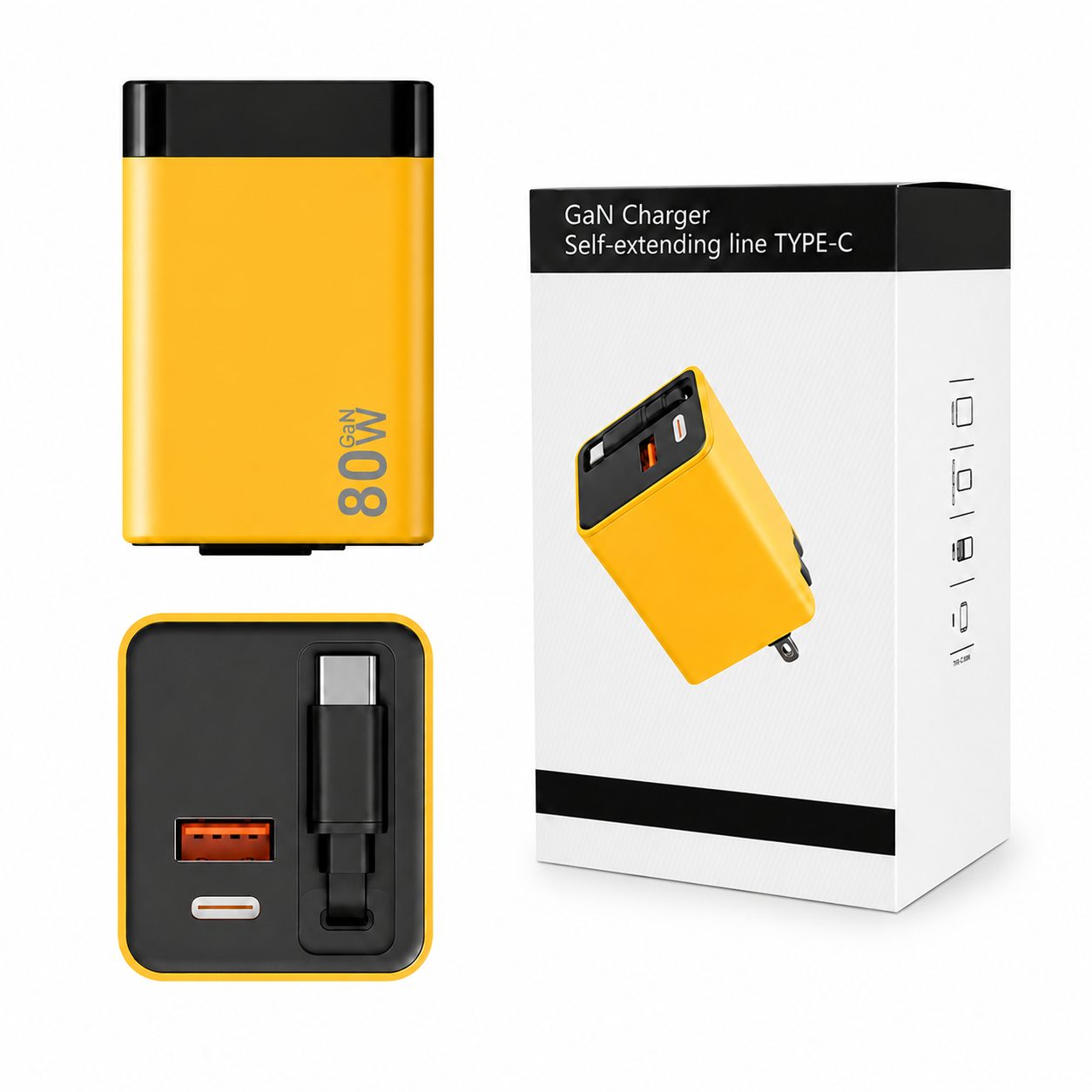 Incarcator Telefon, , 80W, GaN Technology, Dual Port USB-A si USB-C, Fast Charge, Cablu Type-C Retractabil, 60x40 mm, Galben 1