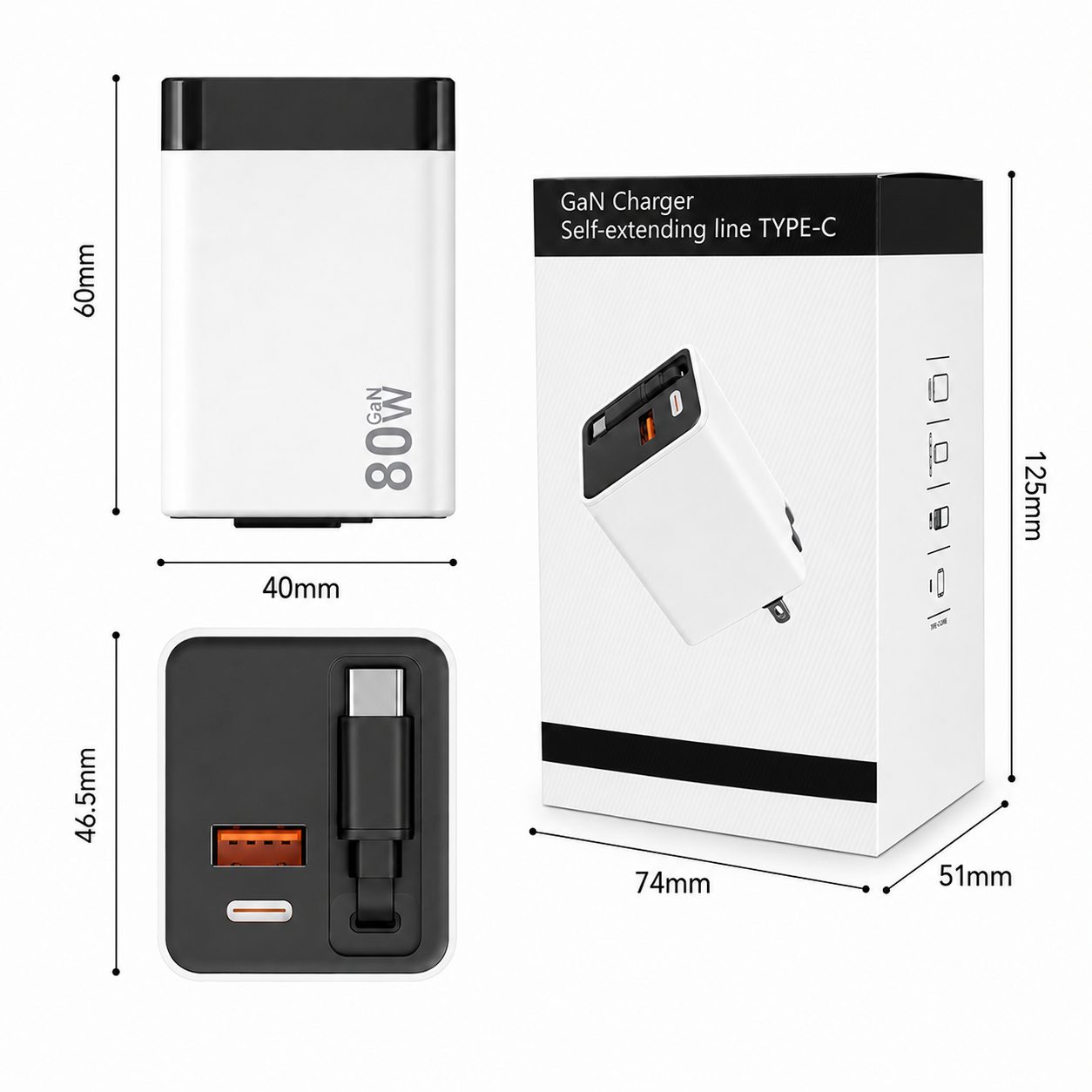 Incarcator Telefon, , 80W, GaN Technology, Dual Port USB-A si USB-C, Fast Charge, Cablu Type-C Retractabil, 60x40 mm, Alb 2