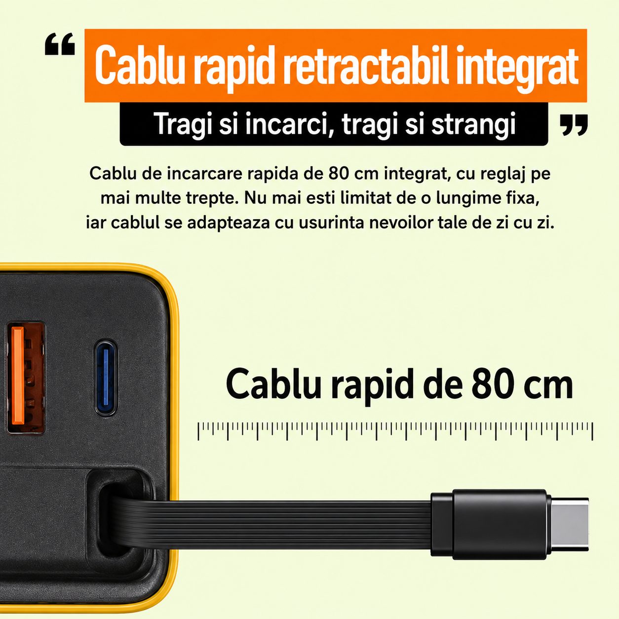 Incarcator Telefon, , 80W, GaN Technology, Dual Port USB-A si USB-C, Fast Charge, Cablu Type-C Retractabil, 60x40 mm, Alb 3