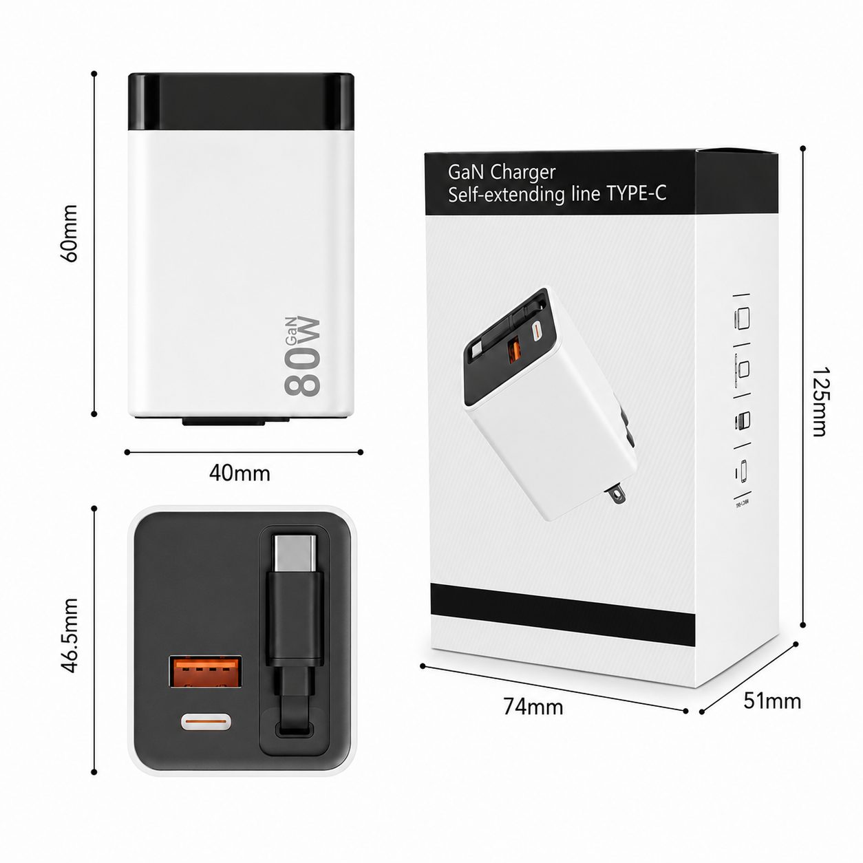 Incarcator Telefon, , 80W, GaN Technology, Dual Port USB-A si USB-C, Fast Charge, Cablu Type-C Retractabil, 60x40 mm, Alb 1