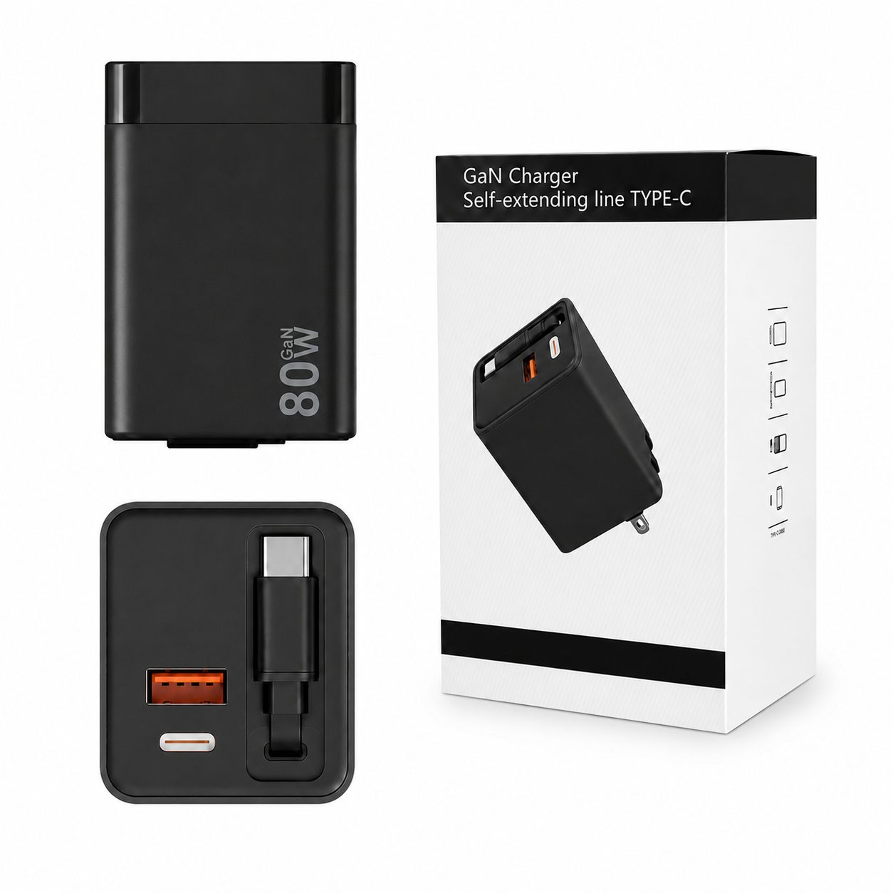 Incarcator Telefon, , 80W, GaN Technology, Dual Port USB-A si USB-C, Fast Charge, Cablu Type-C Retractabil, 60x40 mm, Negru 1