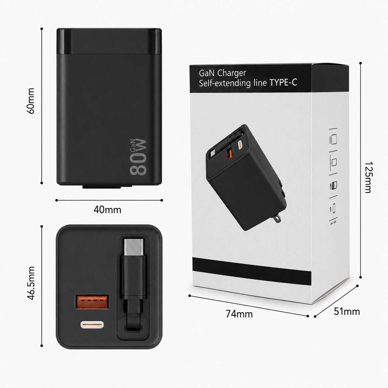 Incarcator Telefon, , 80W, GaN Technology, Dual Port USB-A si USB-C, Fast Charge, Cablu Type-C Retractabil, 60x40 mm, Negru 2