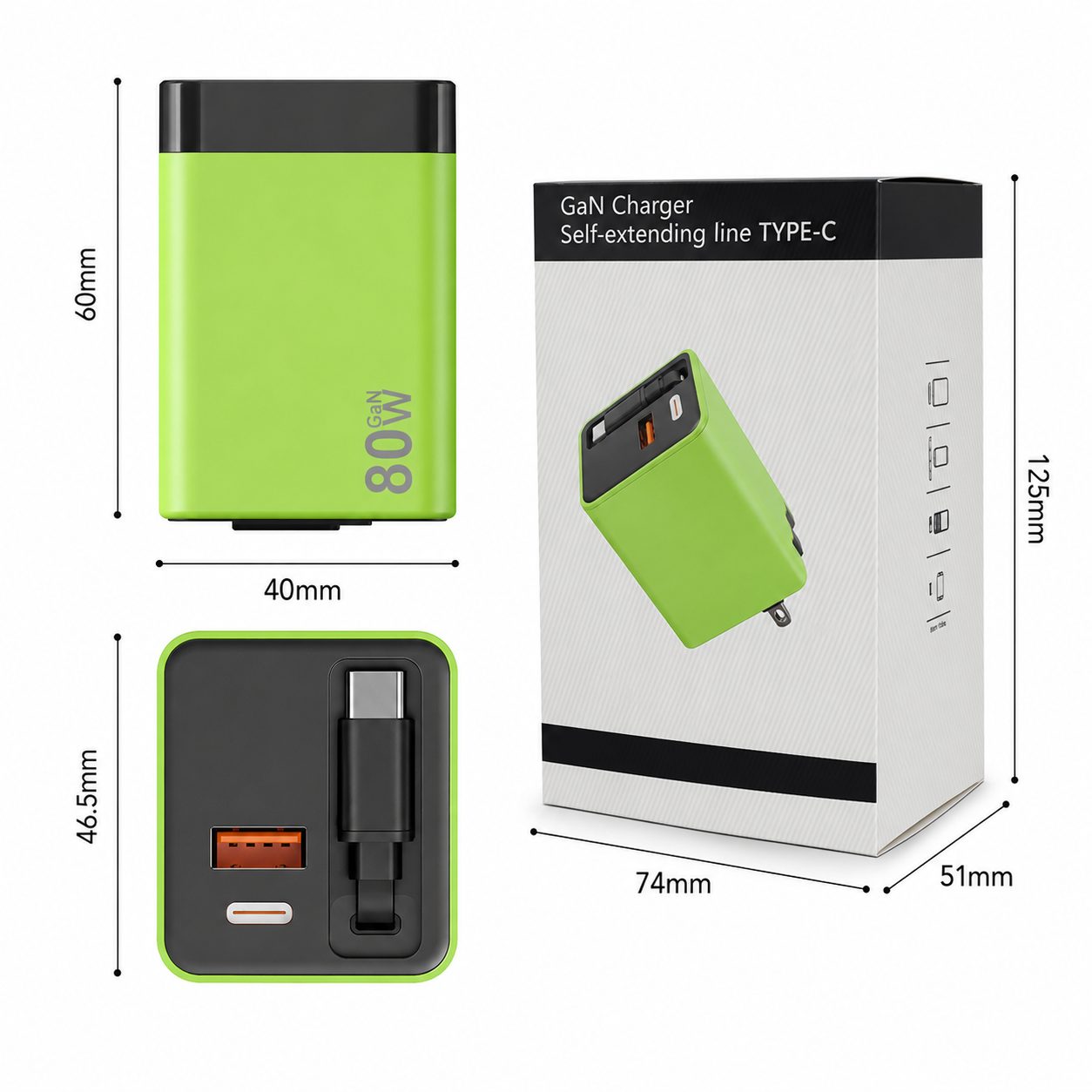 Incarcator Telefon, , 80W, GaN Technology, Dual Port USB-A si USB-C, Fast Charge, Cablu Type-C Retractabil, 60x40 mm, Verde 2