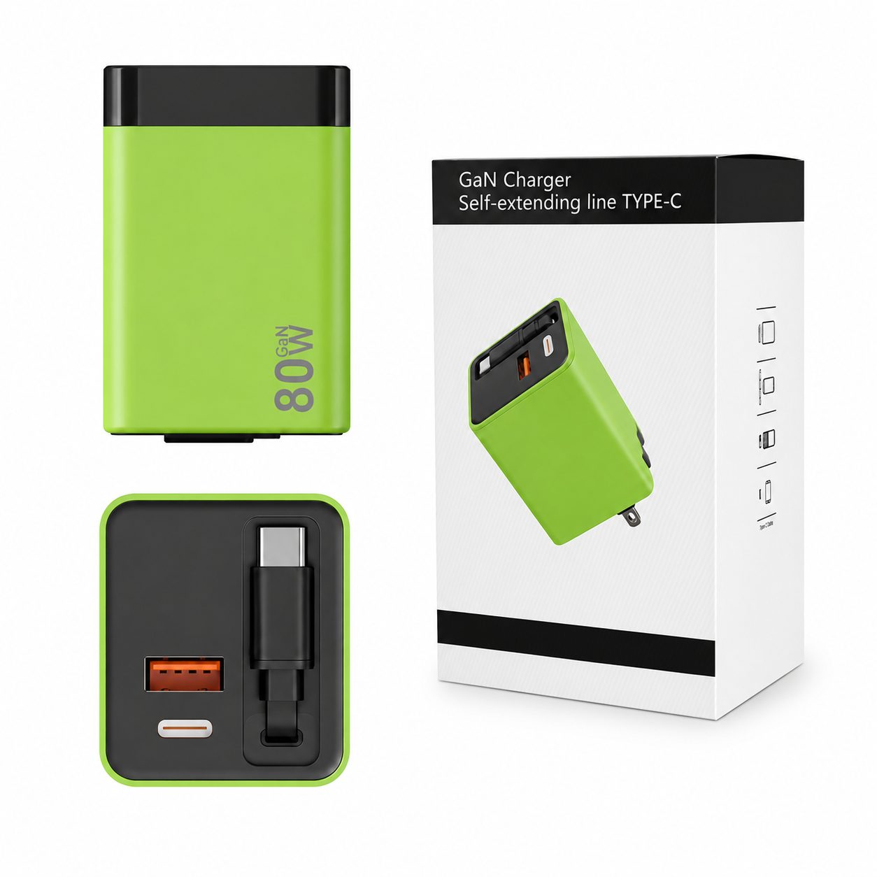 Incarcator Telefon, , 80W, GaN Technology, Dual Port USB-A si USB-C, Fast Charge, Cablu Type-C Retractabil, 60x40 mm, Verde 1