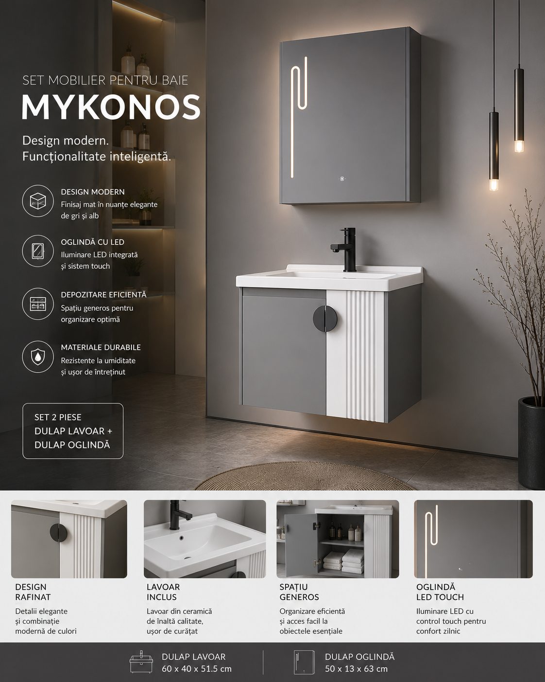 Set Mobilier pentru Baie MYKONOS, Dulap Lavoar+Dulap Oglinda 60cm, 2 Piese, Gri si Alb 3