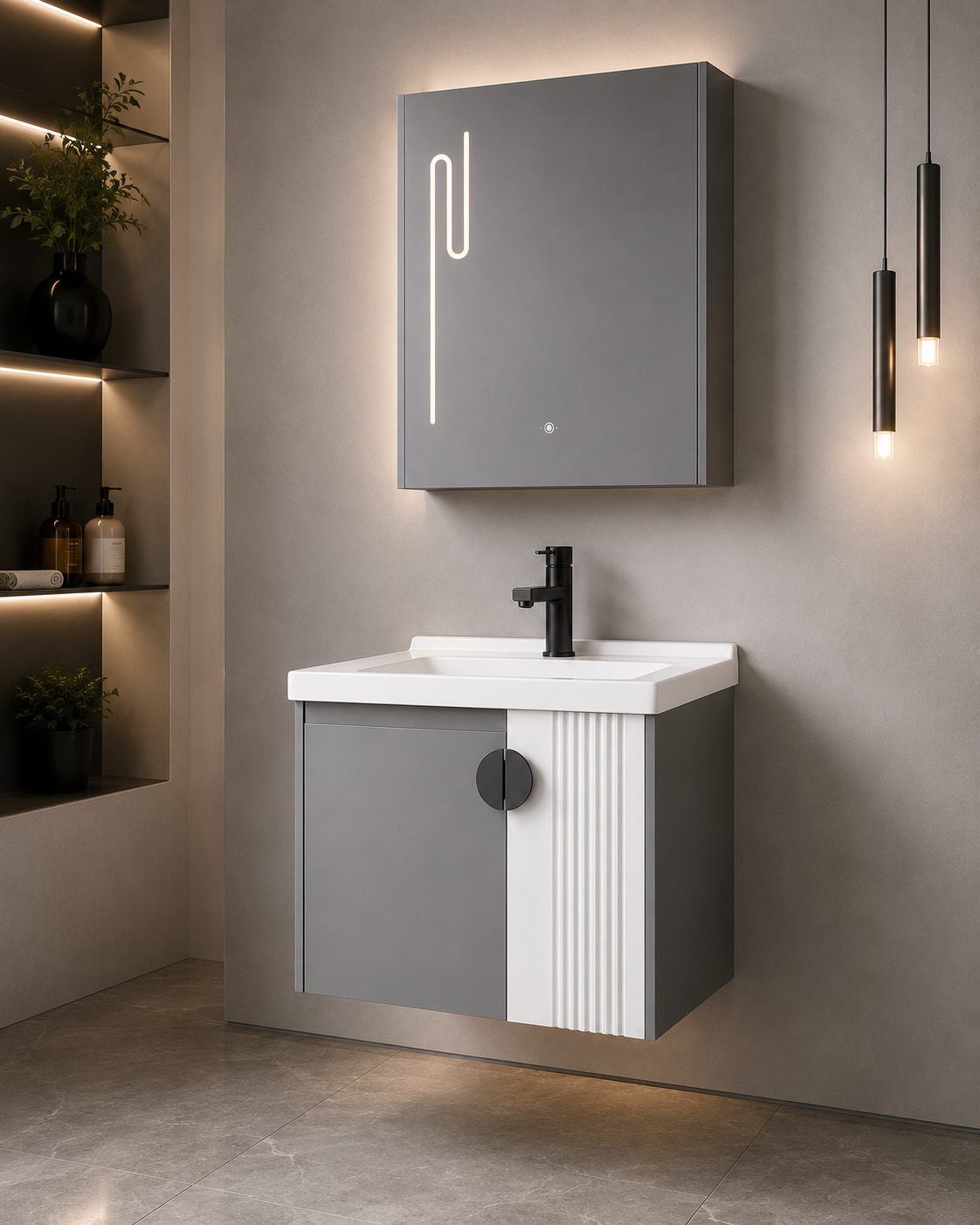 Set Mobilier pentru Baie MYKONOS, Dulap Lavoar+Dulap Oglinda 60cm, 2 Piese, Gri si Alb 2