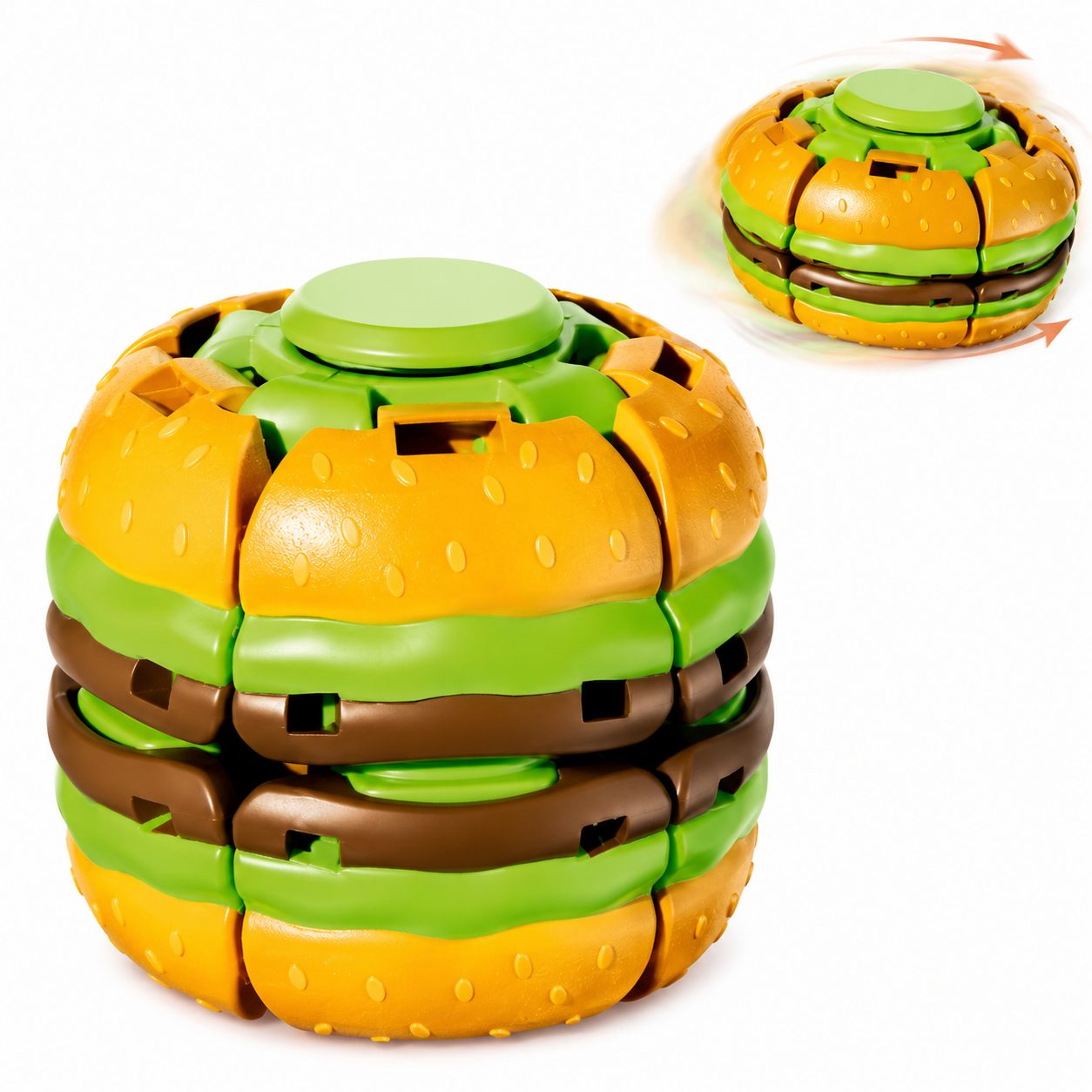 Jucarie Antistres Rotativa, , Model Hamburger Spinner Ball, Forma Hamburger, Rotire Manuala, Structura Interactiva, Relaxare si Indemanare, Multicolor 2