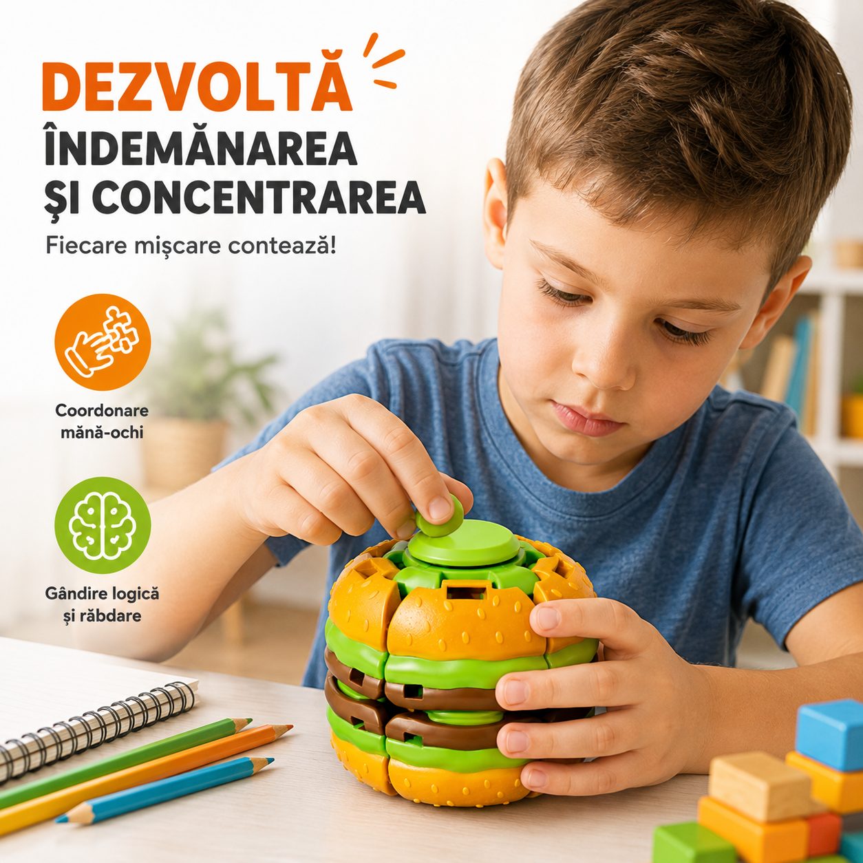 Jucarie Antistres Rotativa, , Model Hamburger Spinner Ball, Forma Hamburger, Rotire Manuala, Structura Interactiva, Relaxare si Indemanare, Multicolor 5