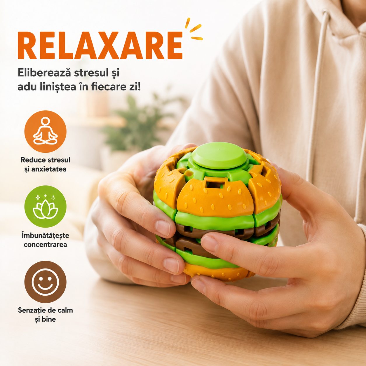 Jucarie Antistres Rotativa, , Model Hamburger Spinner Ball, Forma Hamburger, Rotire Manuala, Structura Interactiva, Relaxare si Indemanare, Multicolor 4
